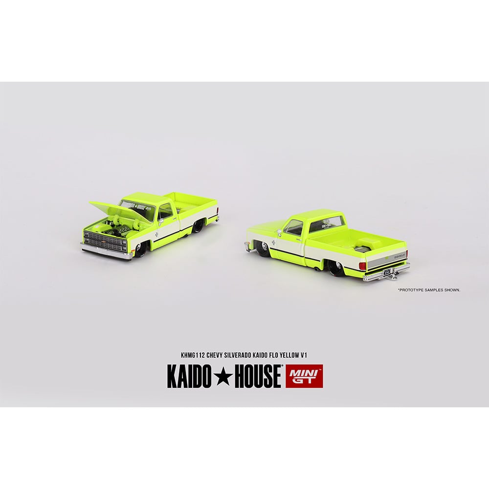 Mini GT 1:64 Kaido House Chevrolet Silverado Pick Up KAIDO Flo V1, Yellow - KHMG112