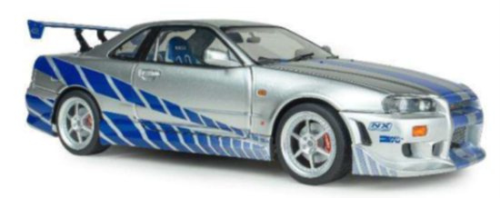 Solido Diecast - 1:18 Nissan Skyline GT-R (BNR34) "2Fast 2Furious" Silver/Blue- SL1804315A