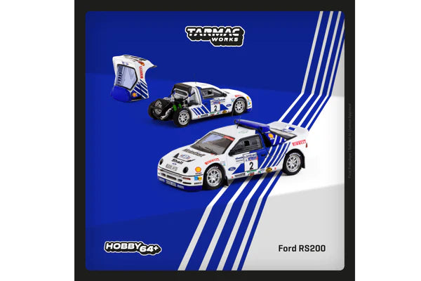 TARMAC WORKS 1:64 - 1986 Ford RS200 Lombard RAC Rally #2 Stig Blomqvist/Bruno Berglund, white/blue -