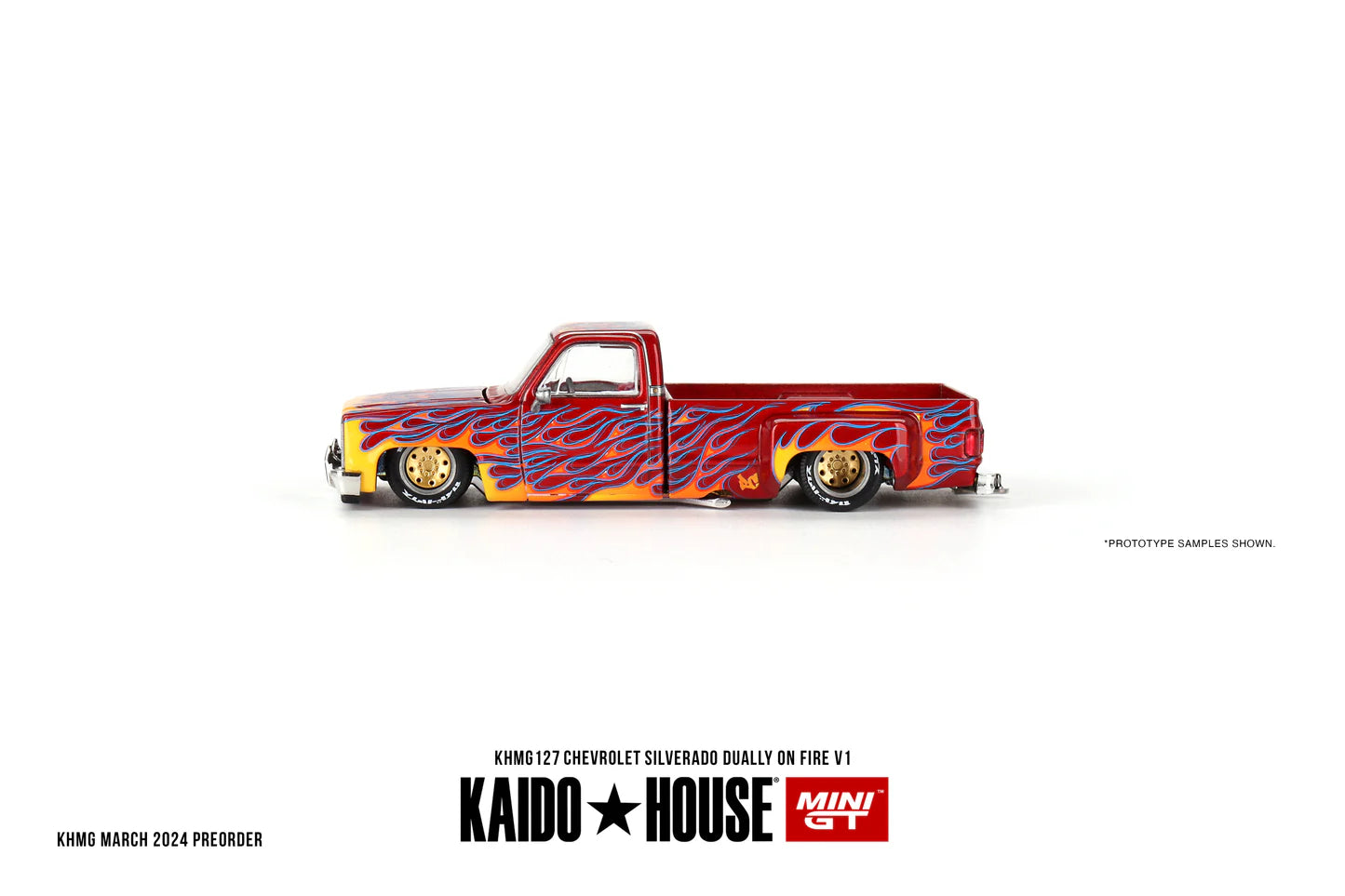 Mini GT 1:64 Kaido House 1980 Chevrolet Silverado Pick Up Dually on Fire V1, Red - KHMG127