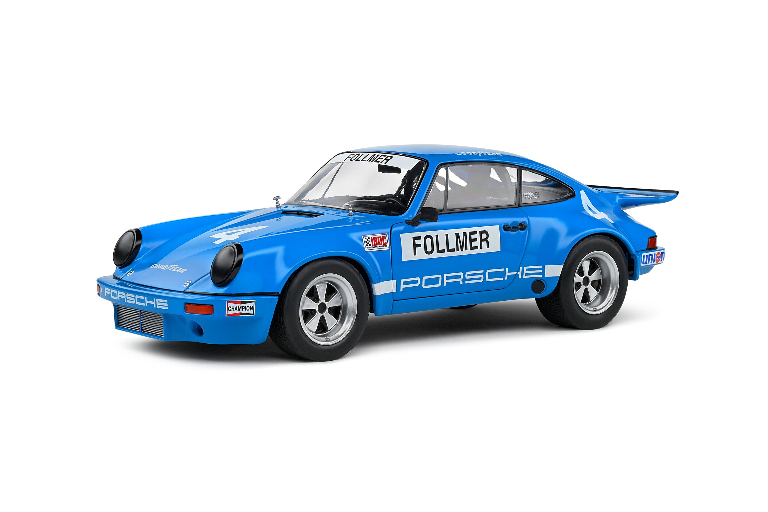 SOLIDO 1:18 Diecast, Porsche 911 IROC - IROC Riverside – 1974 – #4 Follmer, Blue - S1810702