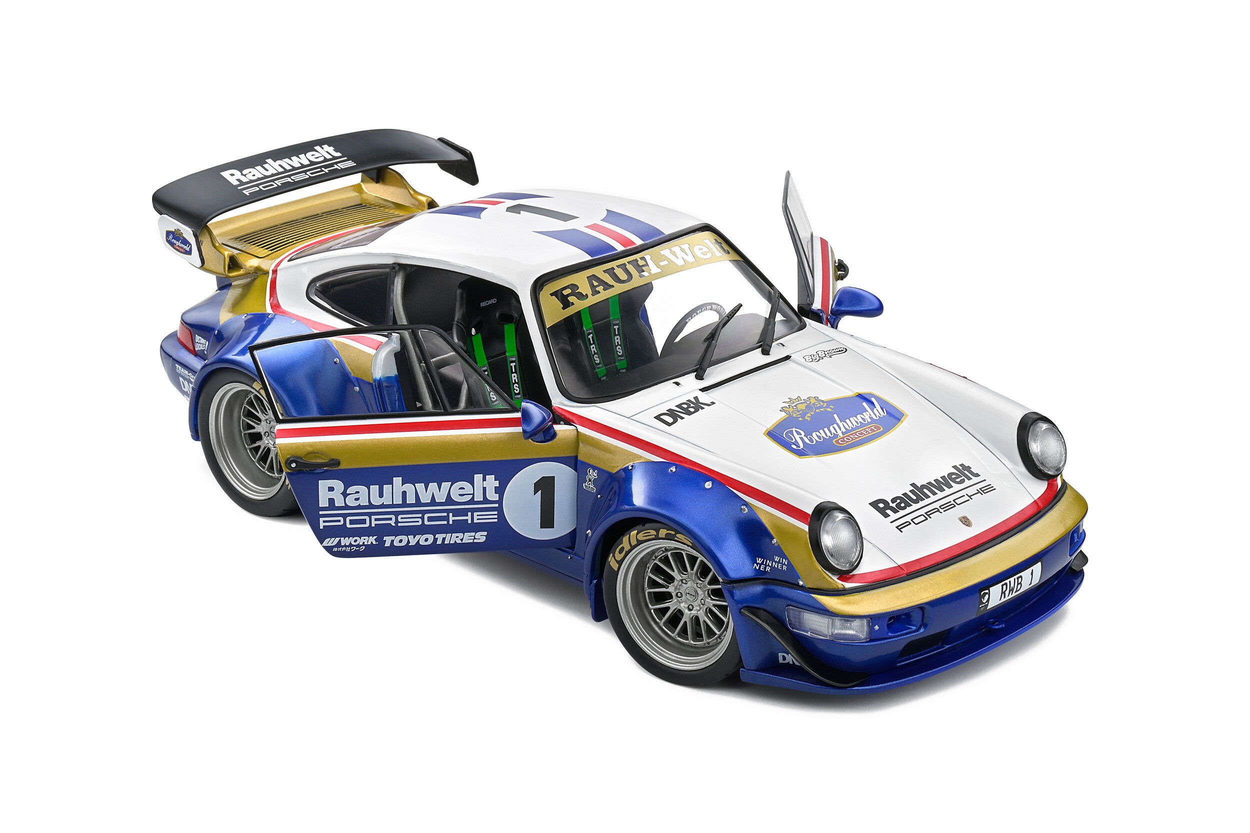 SOLIDO 1:18 Scale Diecast Model, Porsche 911 (964) RWB Rauhwelt #1 Rothmans Design White/Blue