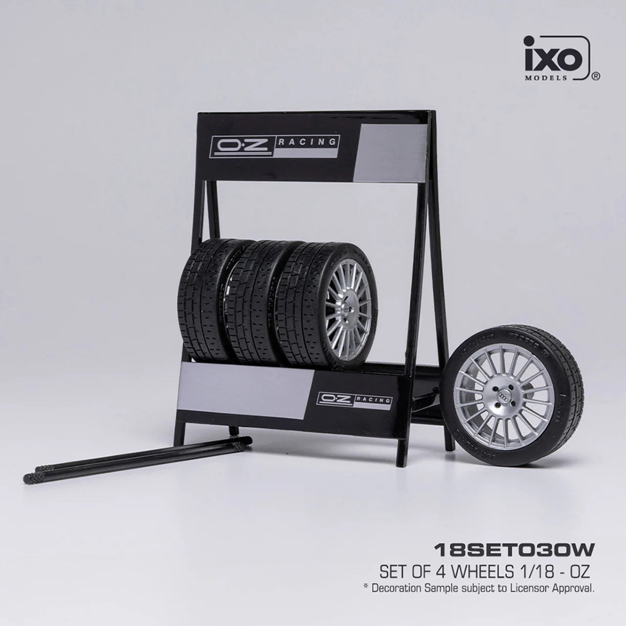 IXO 1:18 Scale OZ Racing 19", Silver, Set of 4 WHEELS with Tyres, Axles and Stand - IXO18SET030W