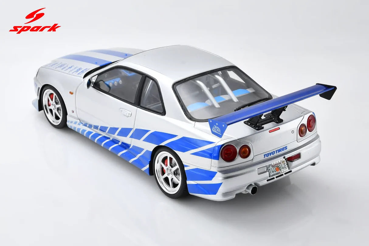 Spark Resin - 1:18 Nissan Skyline R34 GT-R "Fast & Furious" Silver/Blue Stripes - 18SP323