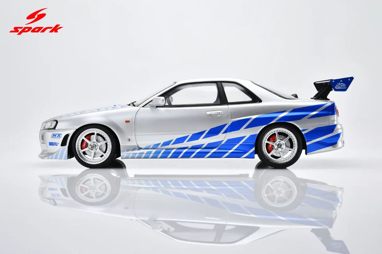 Spark Resin - 1:18 Nissan Skyline R34 GT-R "Fast & Furious" Silver/Blue Stripes - 18SP323