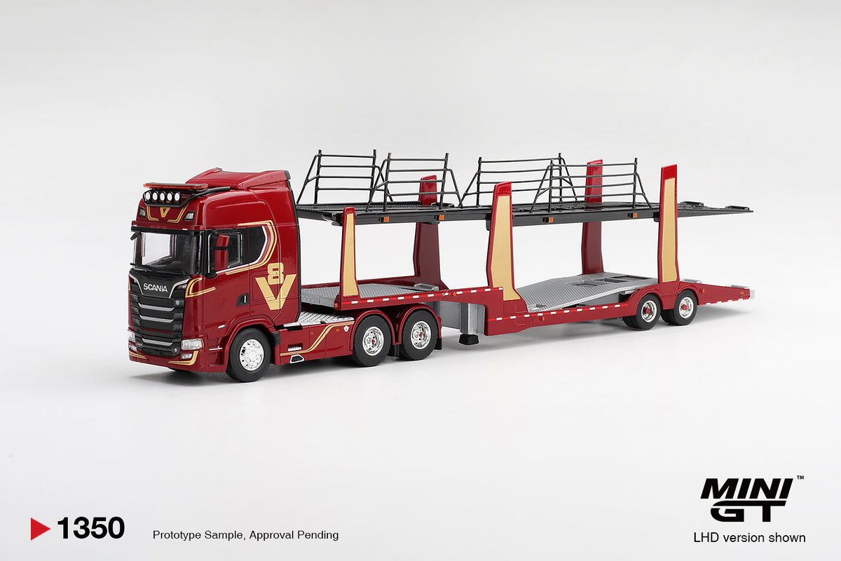 Mini GT 1:64 - SCANIA 770S A6X4NA CAR TRANSPORTER V8 50TH ANNIVERSARY PLUS CAR TRANSPORTER, RED (RHD) - MGT01350-R