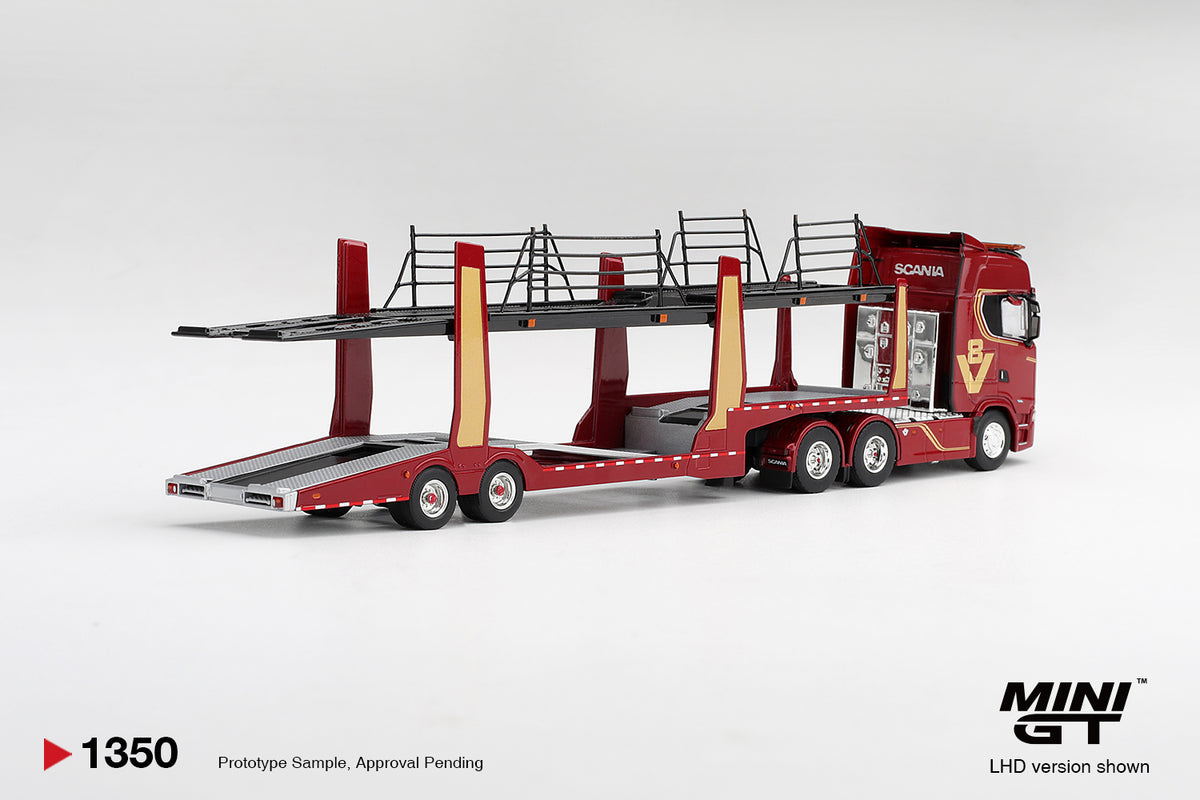 Mini GT 1:64 - SCANIA 770S A6X4NA CAR TRANSPORTER V8 50TH ANNIVERSARY PLUS CAR TRANSPORTER, RED (RHD) - MGT01350-R