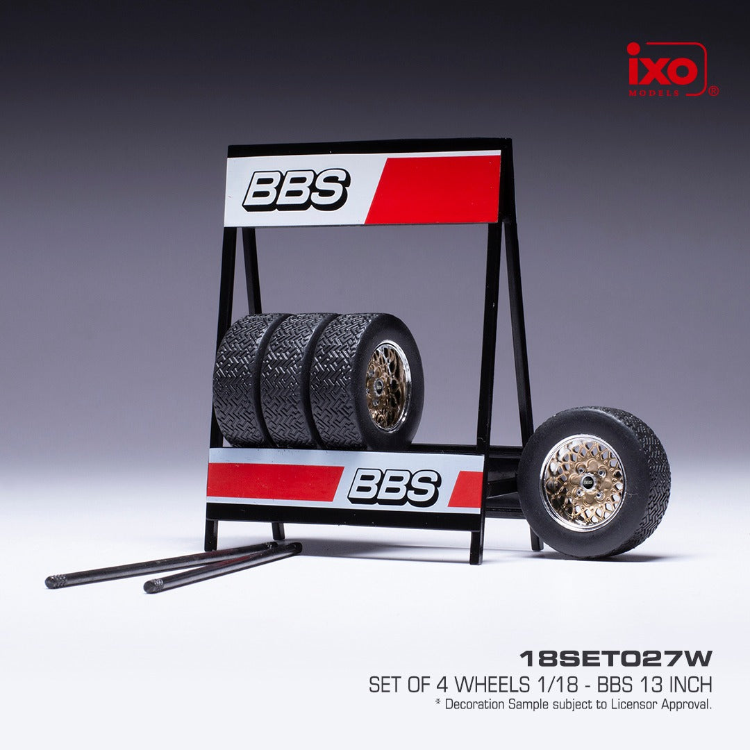 IXO 1:18 Scale BBS 13 Inch, Chrome/Gold, Set of 4 WHEELS with Tyres, Axles and Stand - IXO18SET027W
