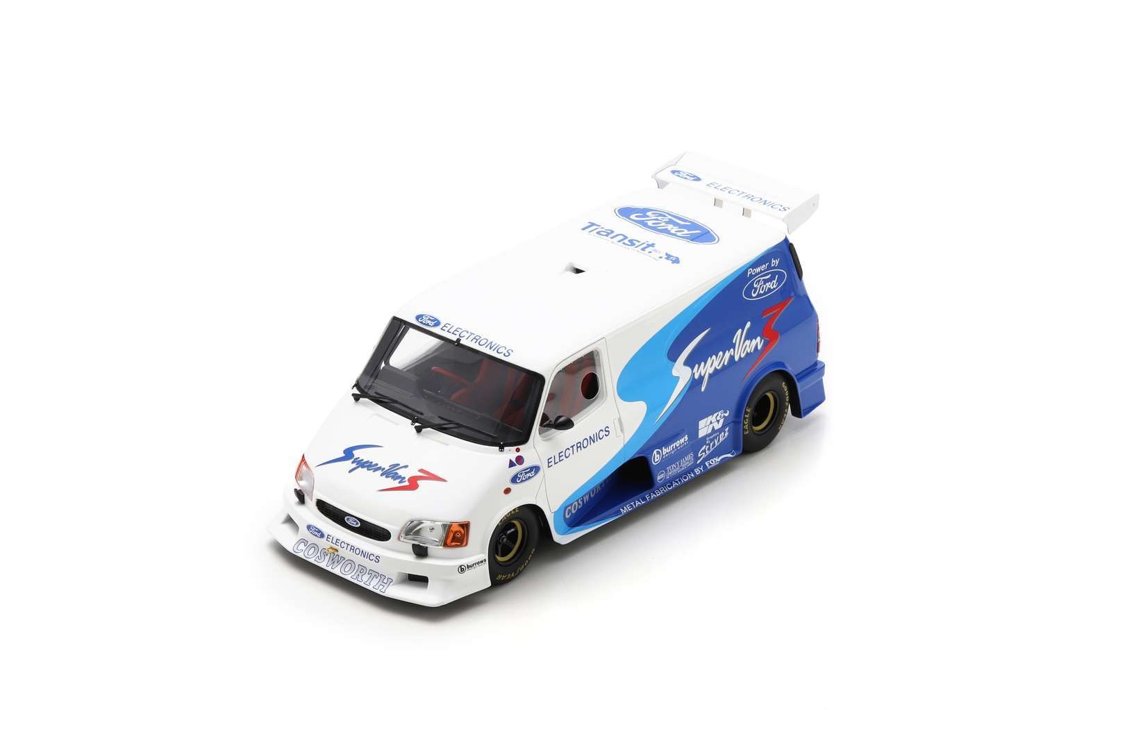 SCHUCO 1:18 Scale Diecast Model - 1994 Ford Transit Supervan 3, RHD, White/Blue