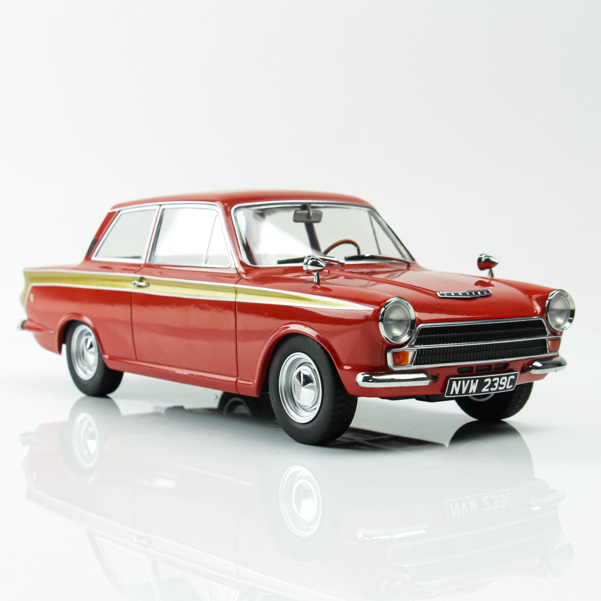 MCG 1:18 Scale Diecast - 1965 Ford Lotus Cortina Mk1 in Red/Gold (LHD) - MCG18532