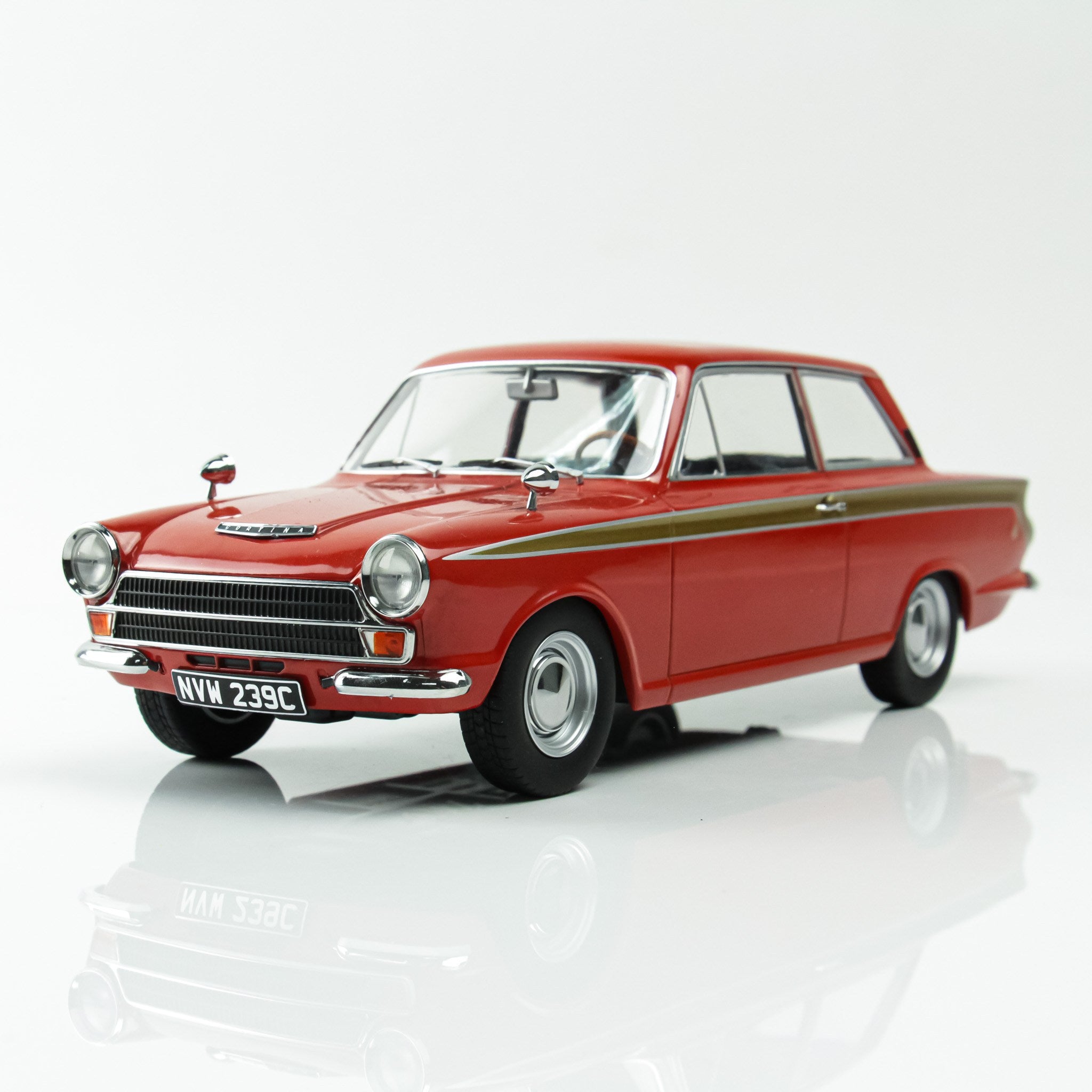 MCG 1:18 Scale Diecast - 1965 Ford Lotus Cortina Mk1 in Red/Gold (LHD) - MCG18532