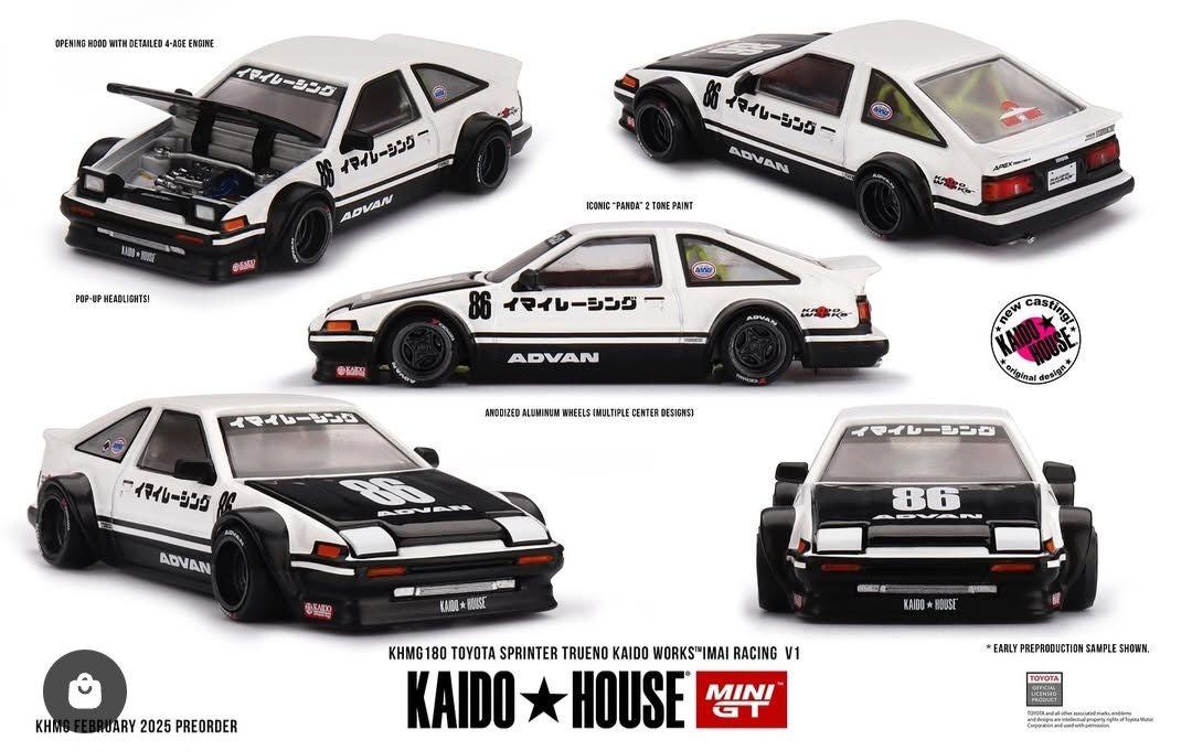 Mini GT 1:64 Kaido House TOYOTA SPRINTER TRUENO KAIDO WORKS IMAI RACING, White/Black- KHMG180