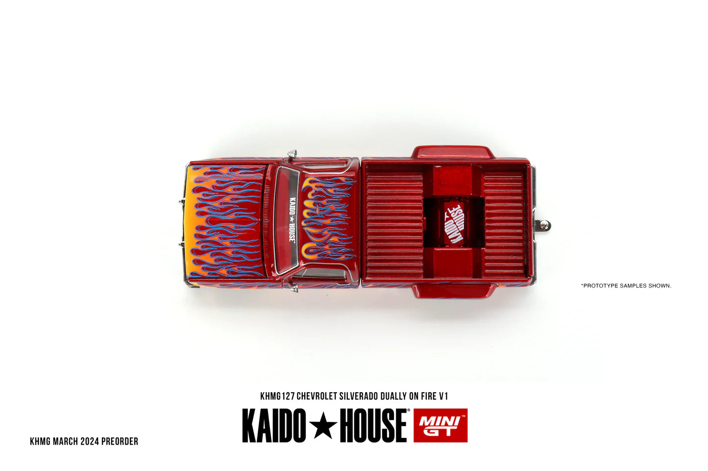 Mini GT 1:64 Kaido House 1980 Chevrolet Silverado Pick Up Dually on Fire V1, Red - KHMG127