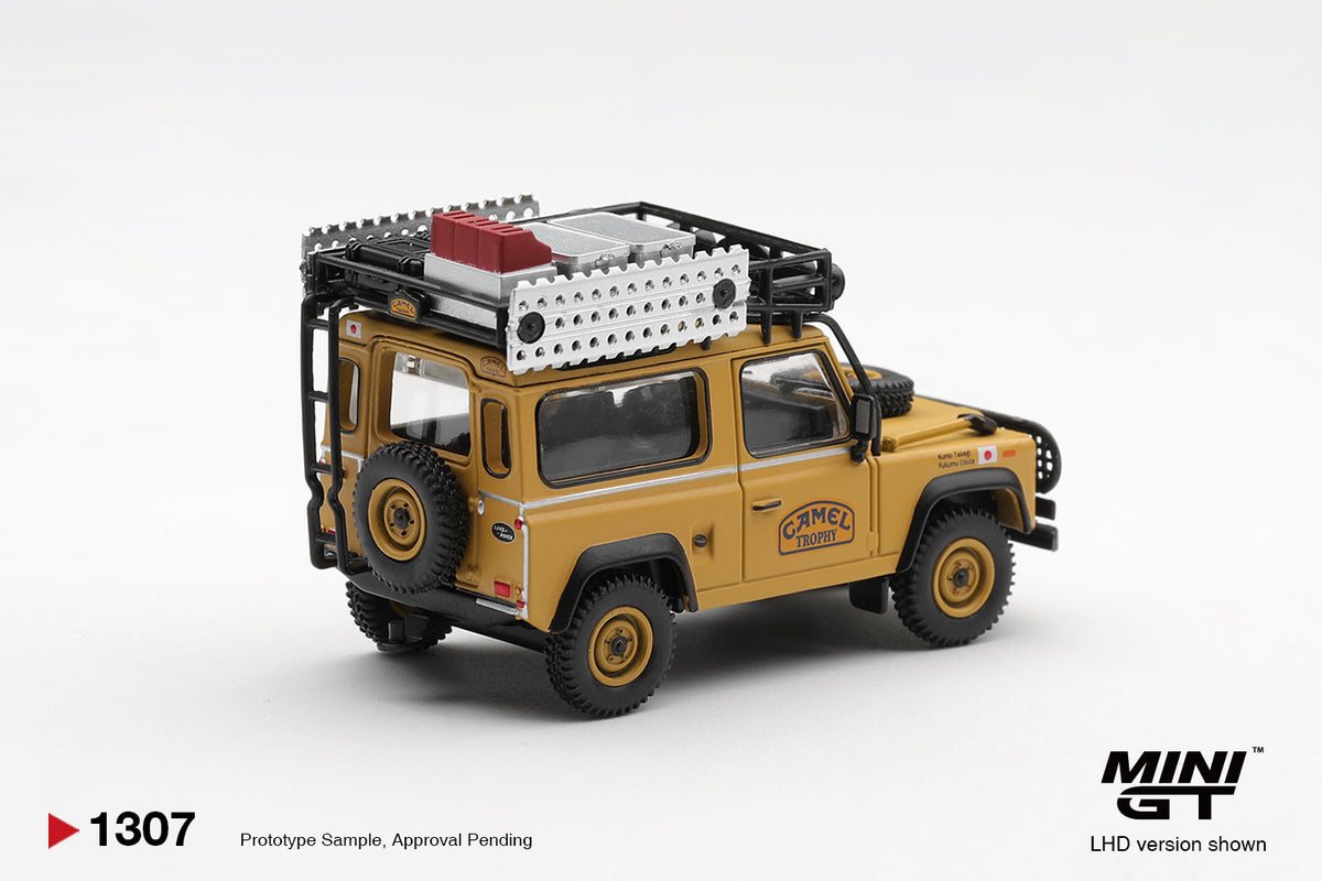 Mini GT 1:64 Diecast - LAND ROVER DEFENDER 90 1985 CAMEL TROPHY BORNEO TEAM JAPAN (LHD), Yellow - MGT01307-L