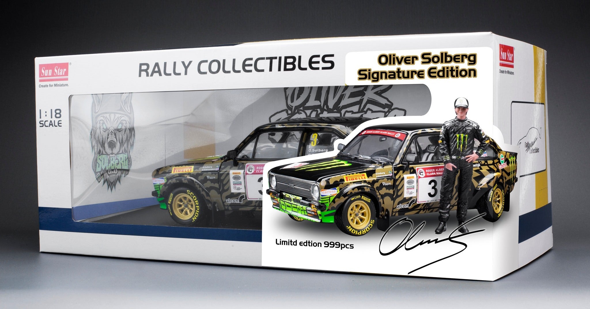 SUNSTAR 1:18 Scale - Ford Escort RS1800 - #3 O.Solberg/E.Edmondson - Roger Albert Clark Rally 2023 with Oliver Solberg Figure) (limited edition 999pcs) - 4864F