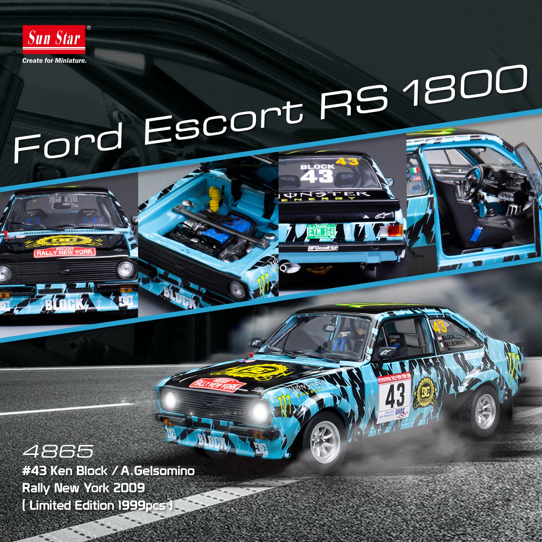 SUNSTAR 1:18 Scale Ford Escort Mk2 RS 1800 NO.43 - Ken Block A. Gelsomino Rally New York 2009 - 4865
