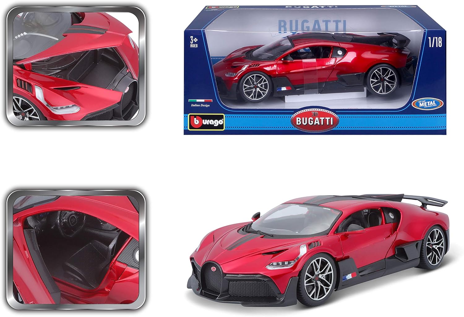 BBURAGO 1:18 Scale - Bugatti Divo in Two Tone Red and Black - Diecast Model Car