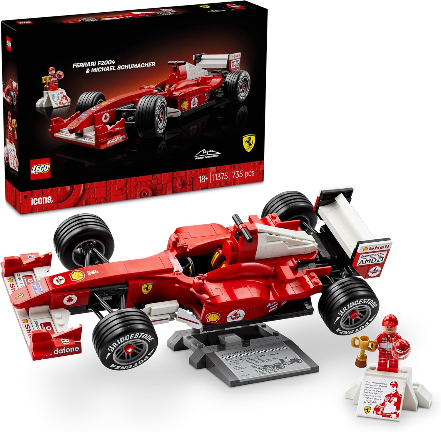 LEGO Icons Ferrari F2004 & Michael Schumacher - F1 Car Model Kit, 735 Pieces - Age 18+ - 11375