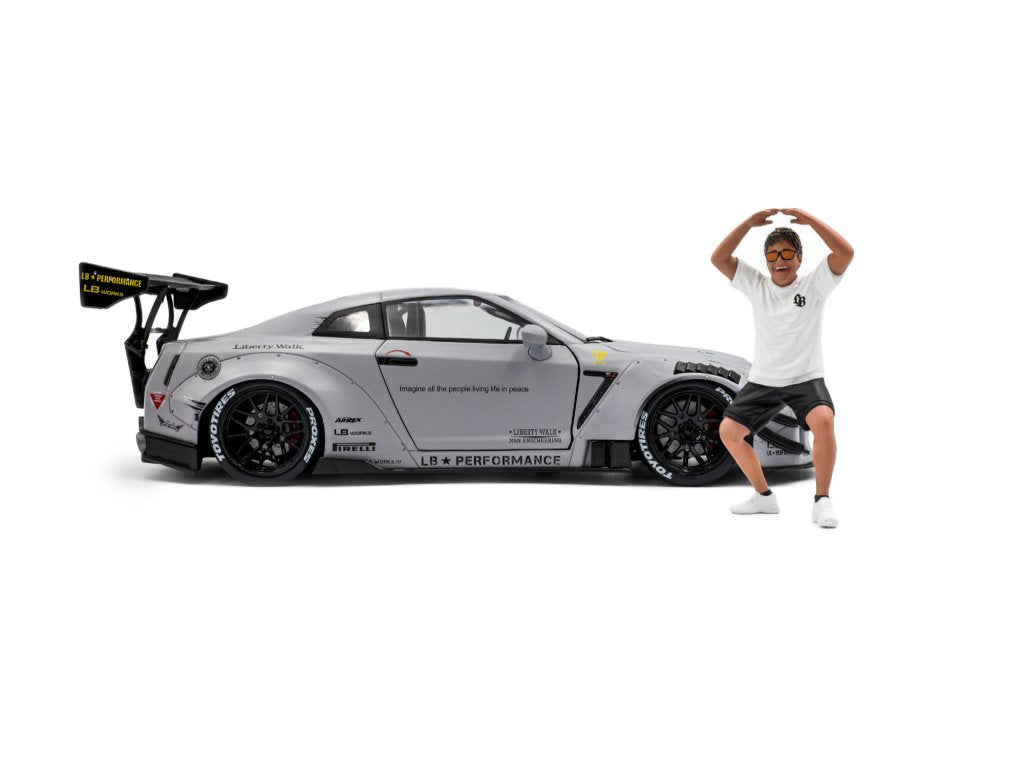 Solido 1:18 Diecast - 2024 Nissan GT-R (R35) w/Liberty Walk Body Kit Type 2.0 with Kato Figure, Grey - S1805821