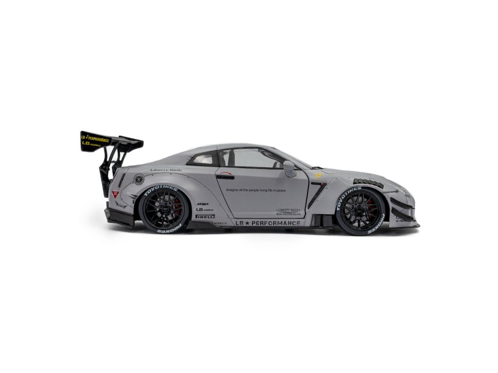 Solido 1:18 Diecast - 2024 Nissan GT-R (R35) w/Liberty Walk Body Kit Type 2.0 with Kato Figure, Grey - S1805821