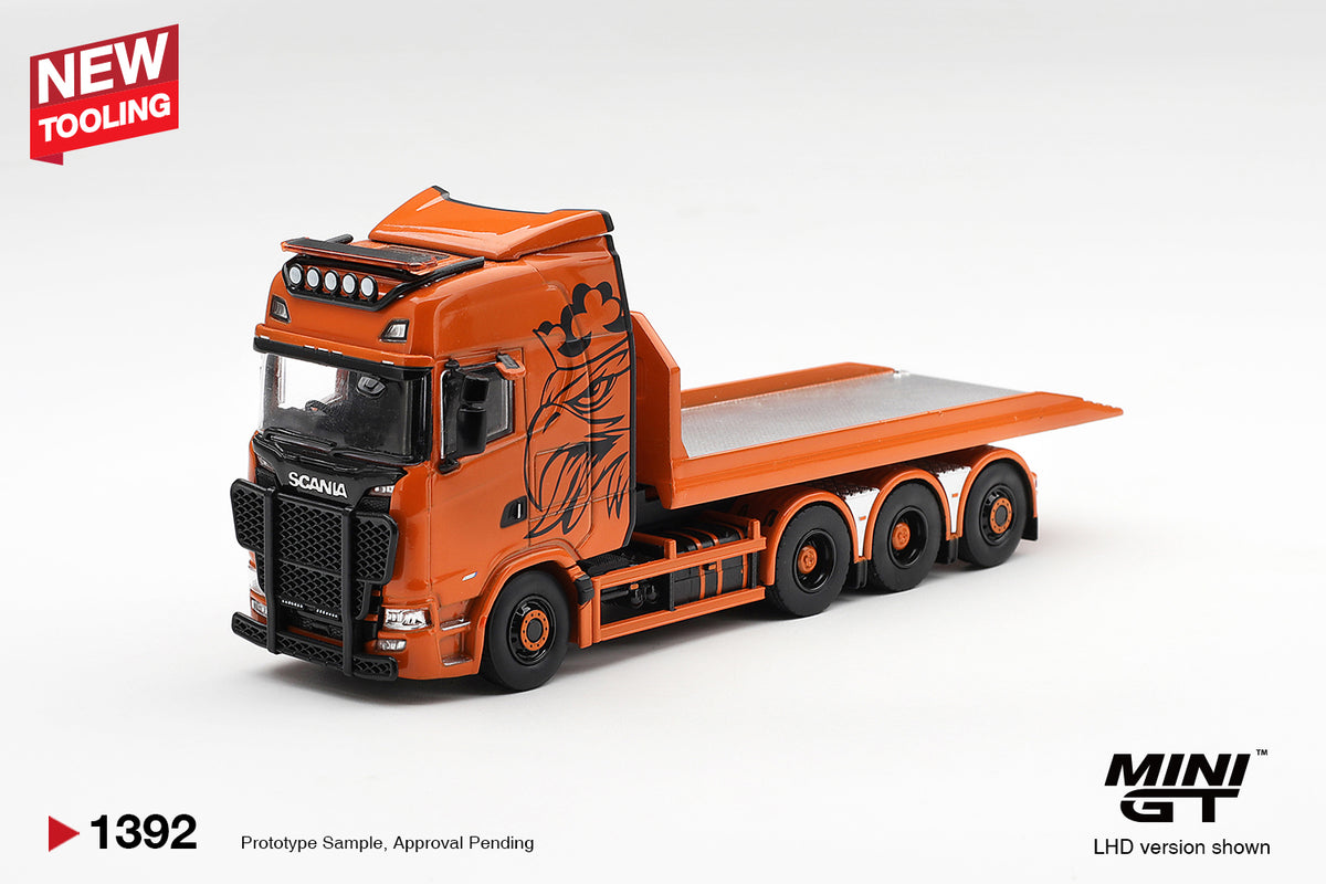Mini GT 1:64 - Scania 770S B8x4NA Hooklift Flatbed, Orange - MGT01392-R