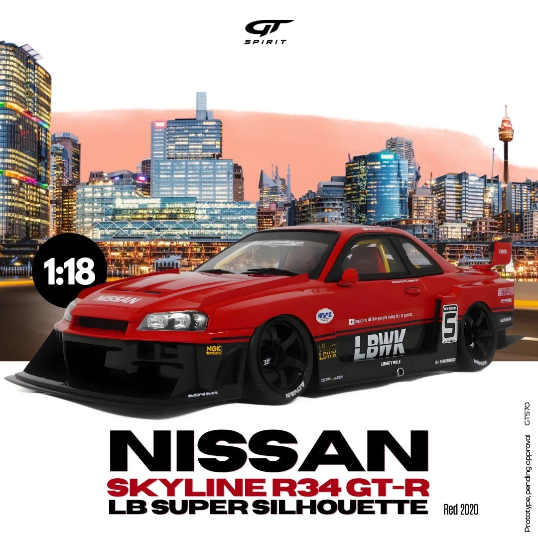 GT Spirit 1:18 Scale Resin, 2020 NISSAN SKYLINE R34 GT R LB SUPER SILHOUETTE - RED - GT570