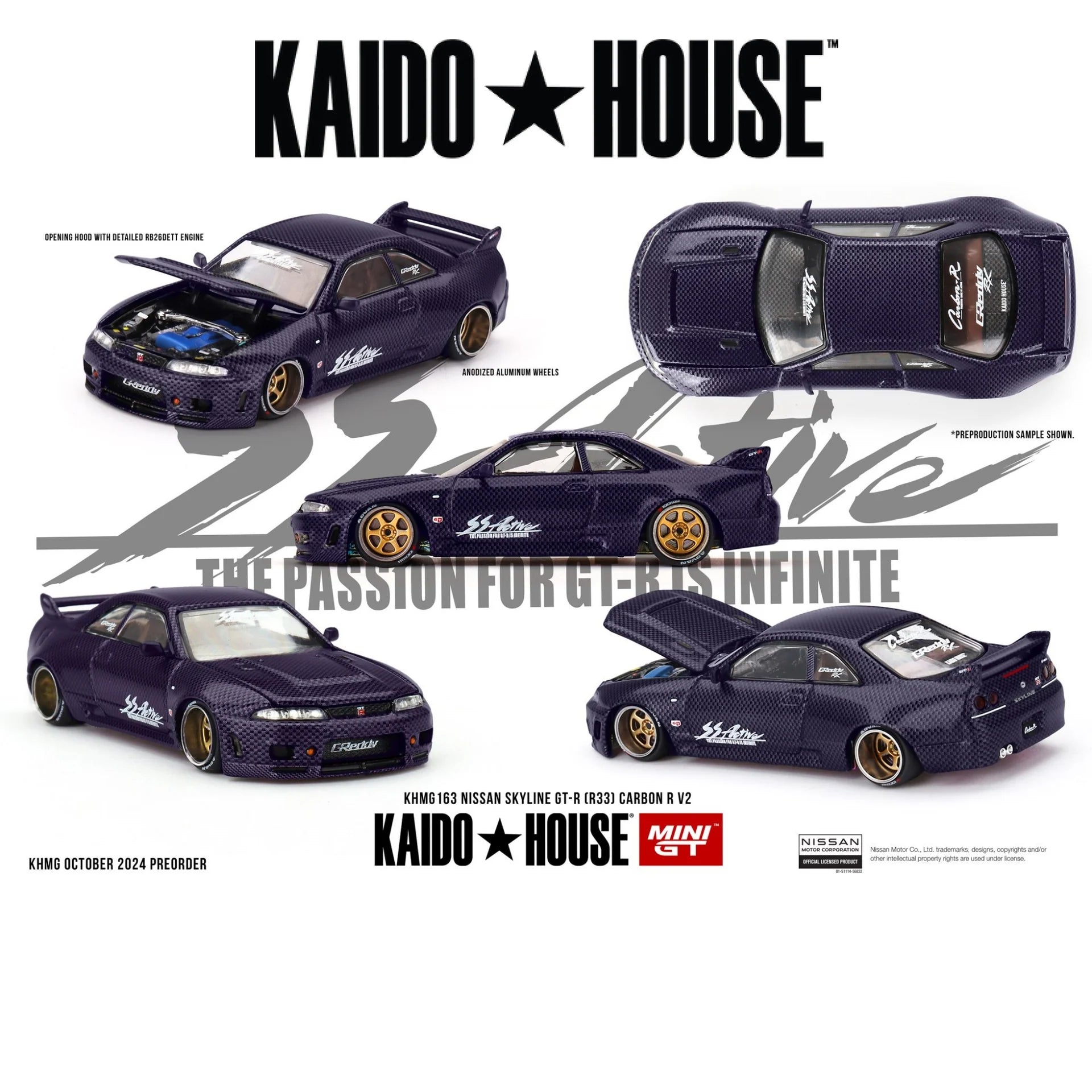 Mini GT Kaido House 1:64 Nissan Skyline GT-R (R33) Active Carbon R V2,