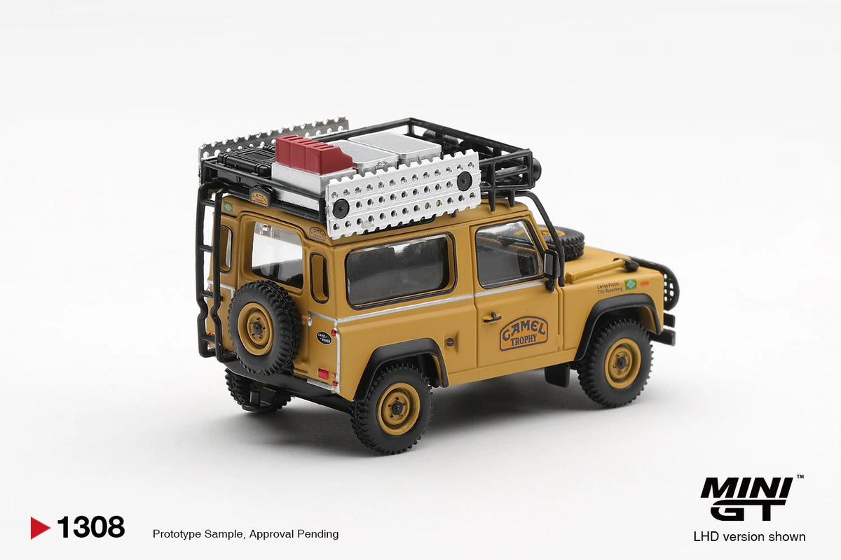 Mini GT 1:64 Diecast - LAND ROVER DEFENDER 90 1985 CAMEL TROPHY BORNEO TEAM BRAZIL (LHD), Yellow - MGT01308-L