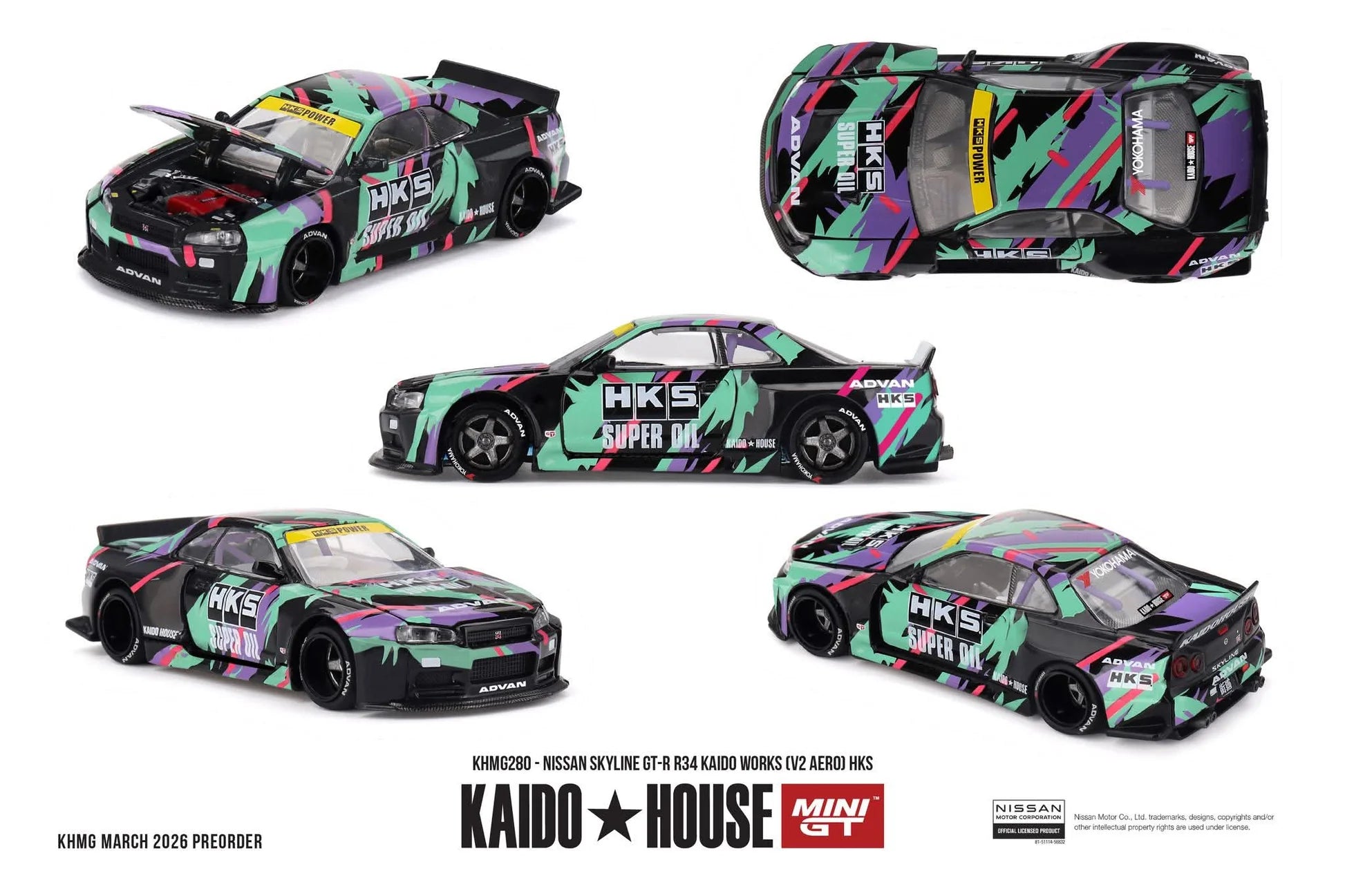 Mini GT 1:64 Kaido House - NISSAN SKYLINE GT-R R34 KAIDO WORKS (V2 AERO) HKS - KHMG280