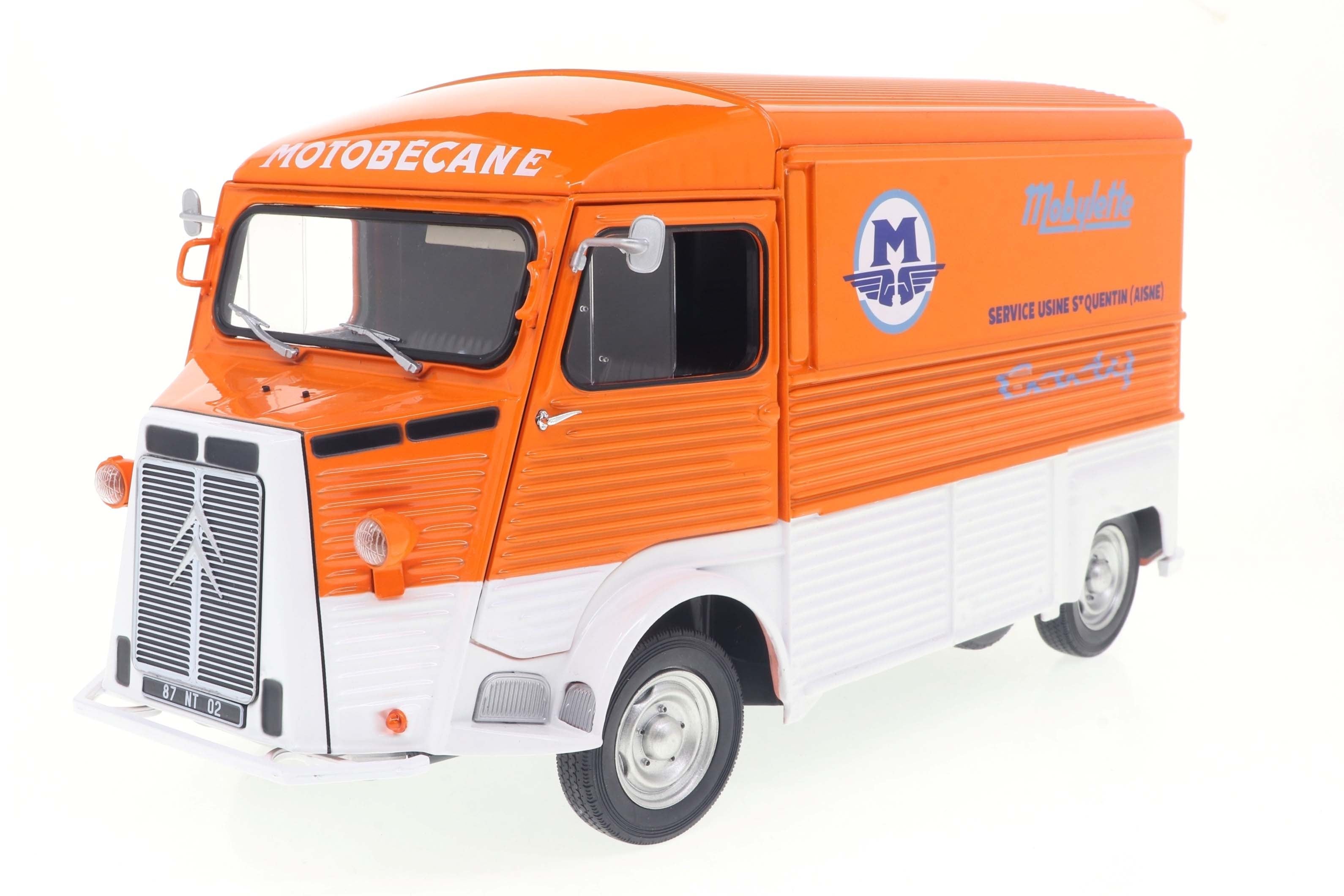 Solido 1:18 Diecast - 1969 Citroen Type HY Service Motobecane Motorcycle, Orang/White - S1804821