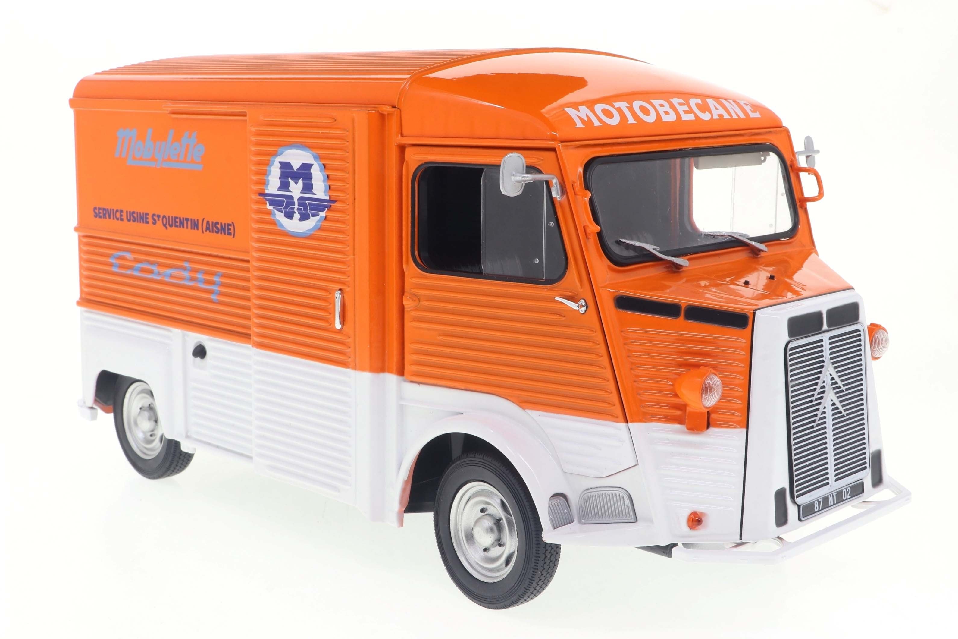 Solido 1:18 Diecast - 1969 Citroen Type HY Service Motobecane Motorcycle, Orang/White - S1804821
