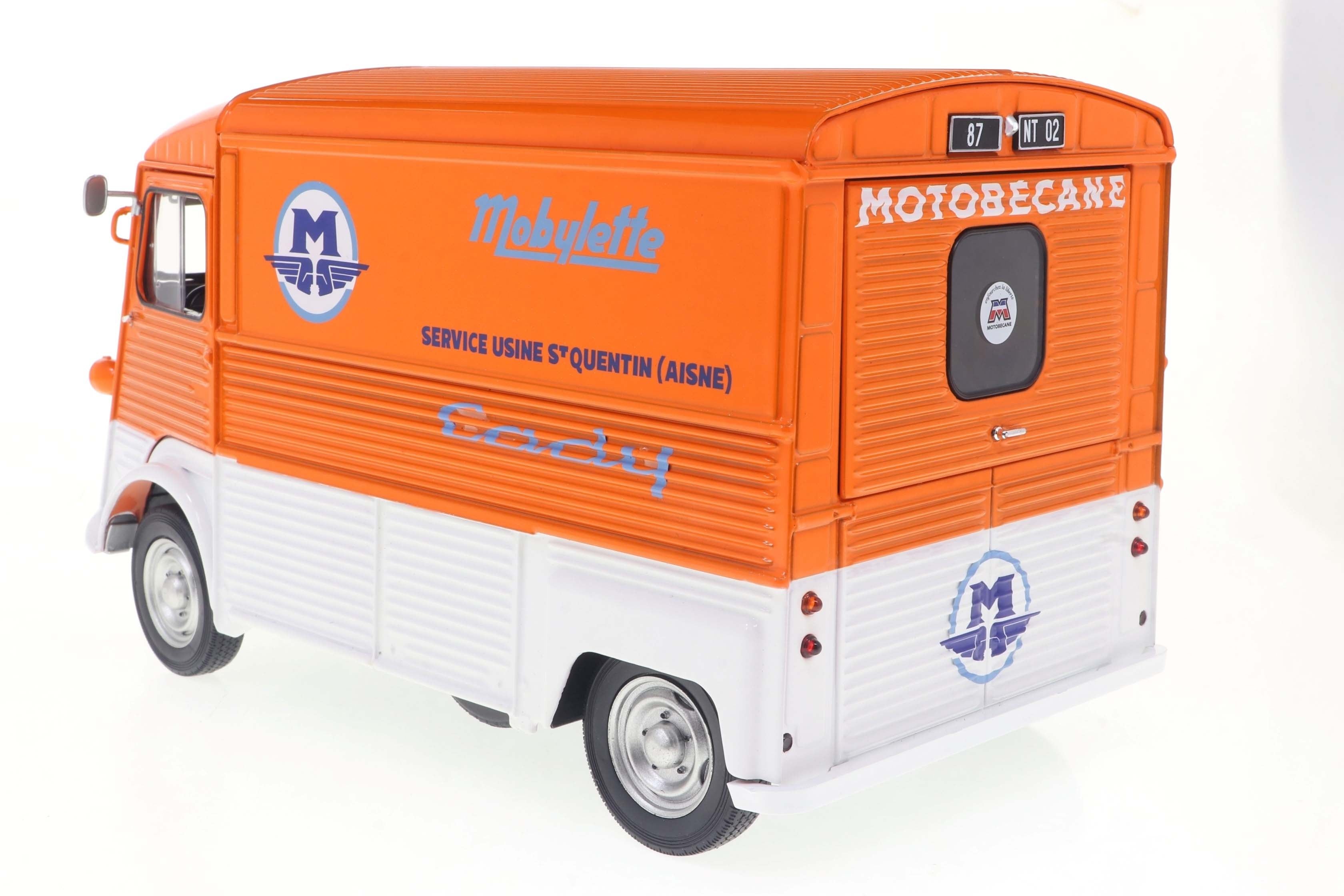 Solido 1:18 Diecast - 1969 Citroen Type HY Service Motobecane Motorcycle, Orang/White - S1804821