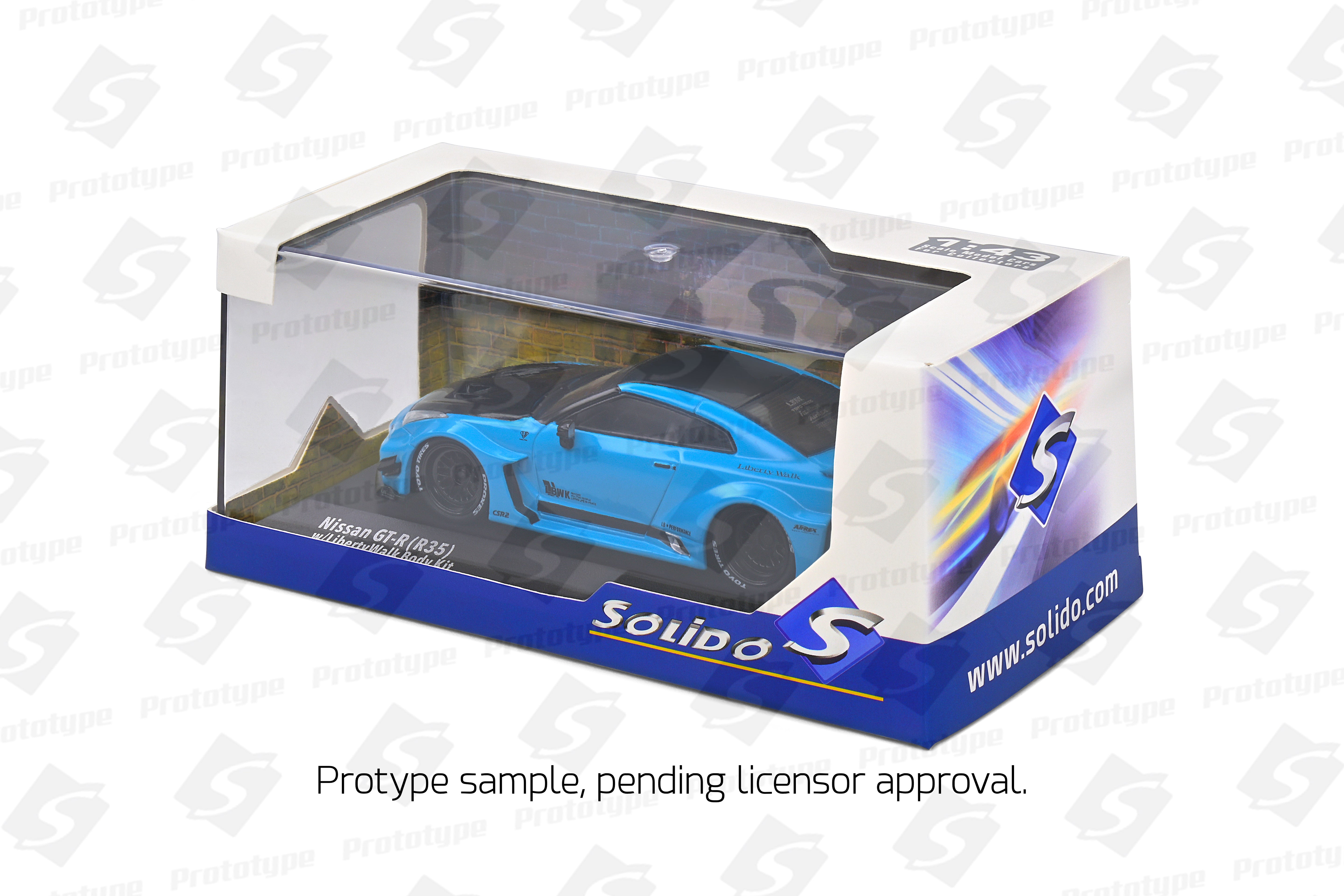 SOLIDO 1:43 Diecast, 2019 Nissan Skyline GT-R (R35) Liberty Walk Body Kit, Miami Blue - S4311209
