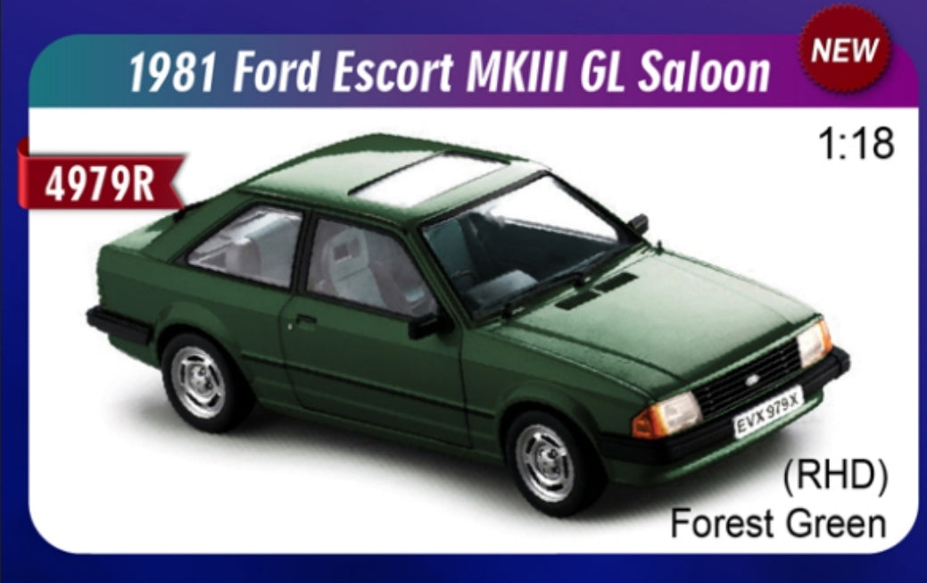 SUNSTAR 1:18 Scale Ford Escort Mk3 GL Saloon in Forest Green (RHD) - 4979R