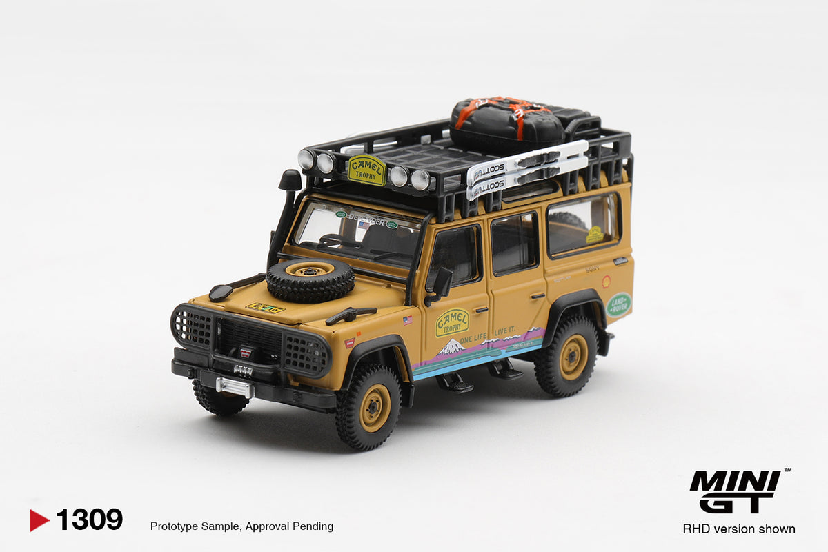 Mini GT 1:64 Diecast - LAND ROVER DEFENDER 110 1998 CAMEL TROPHY TIERRA DEL FUEGO CT.10 USA (RHD), Yellow - MGT01309-L