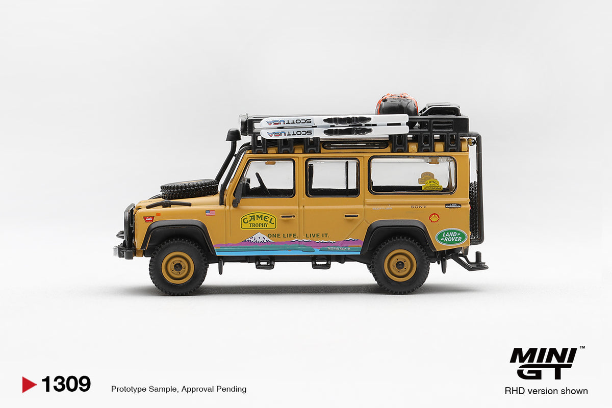 Mini GT 1:64 Diecast - LAND ROVER DEFENDER 110 1998 CAMEL TROPHY TIERRA DEL FUEGO CT.10 USA (RHD), Yellow - MGT01309-L
