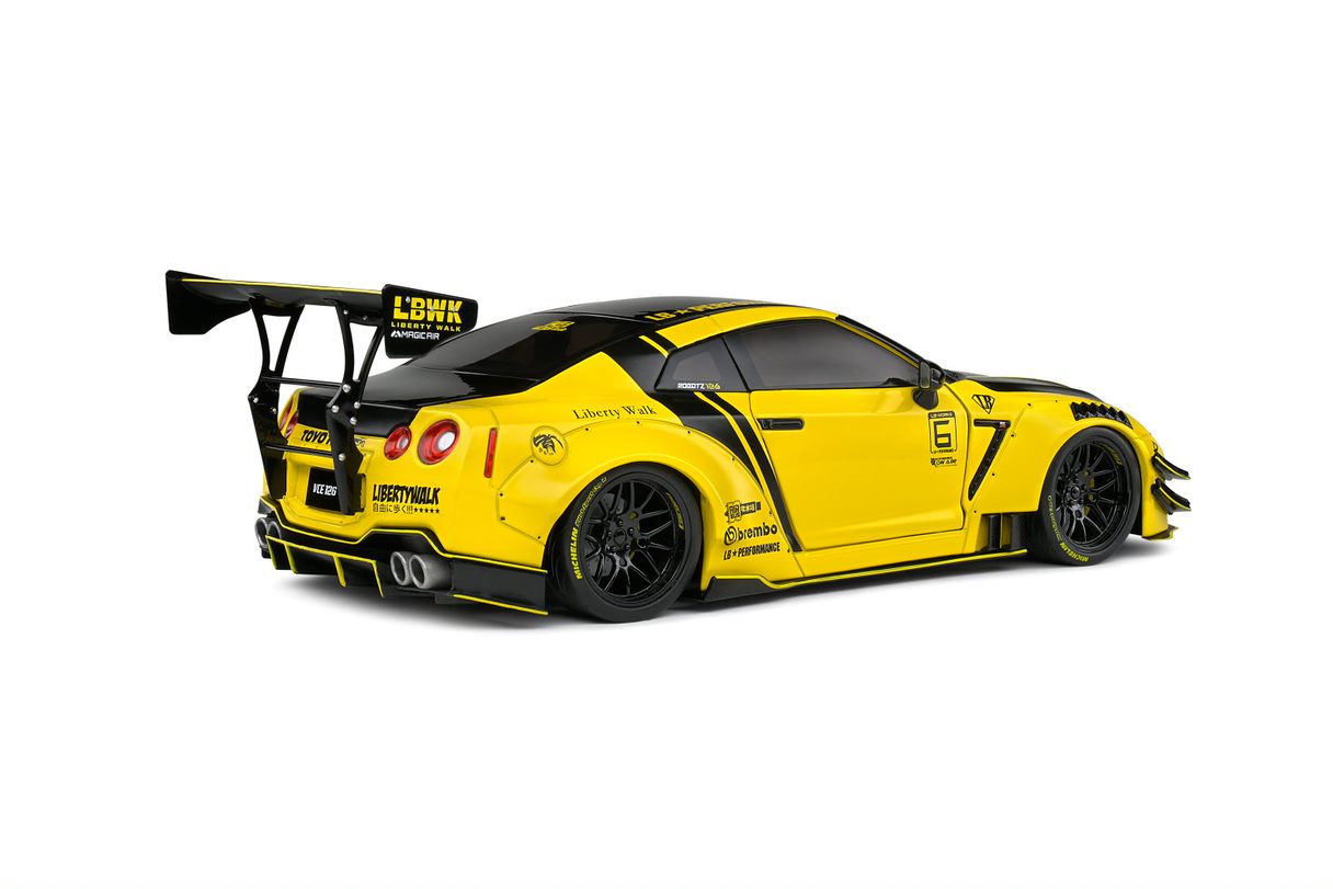 SOLIDO 1:18 Scale Diecast Model Car, Nissan GT-R (R35) w/Liberty Walk Body Kit 2.0 Yellow 2020