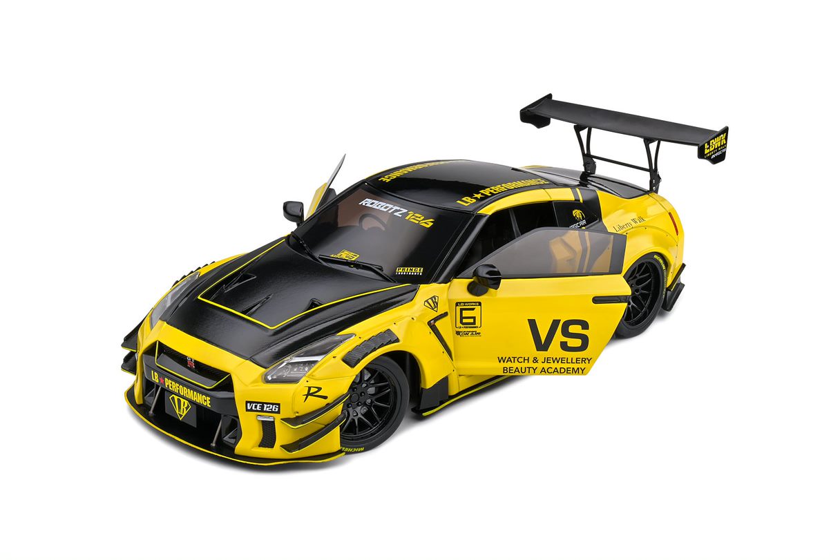 SOLIDO 1:18 Scale Diecast Model Car, Nissan GT-R (R35) w/Liberty Walk Body Kit 2.0 Yellow 2020