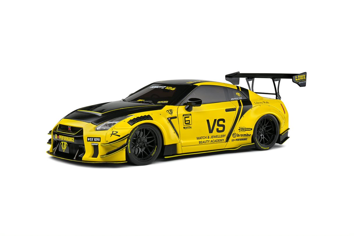 SOLIDO 1:18 Scale Diecast Model Car, Nissan GT-R (R35) w/Liberty Walk Body Kit 2.0 Yellow 2020