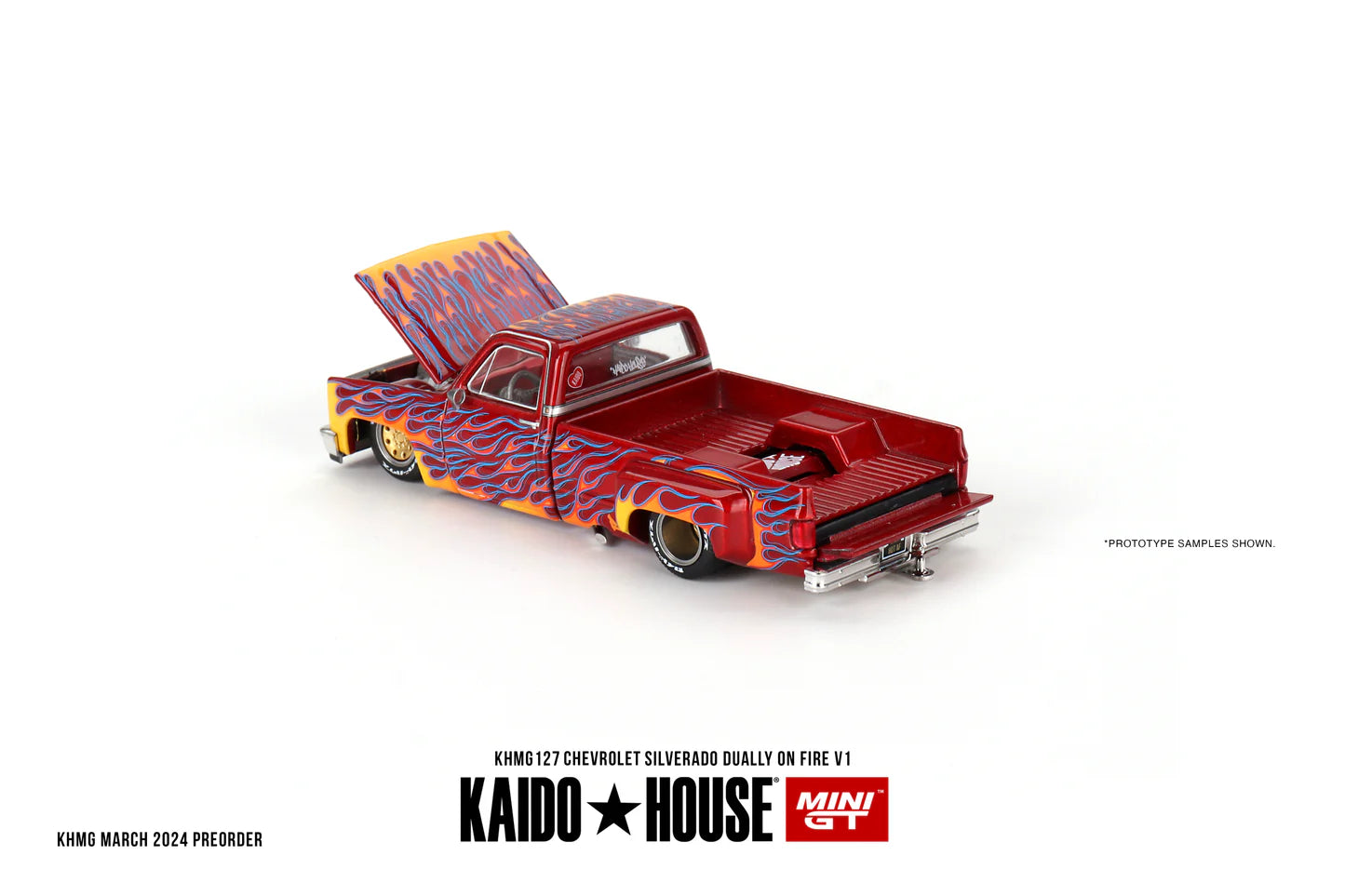 Mini GT 1:64 Kaido House 1980 Chevrolet Silverado Pick Up Dually on Fire V1, Red - KHMG127