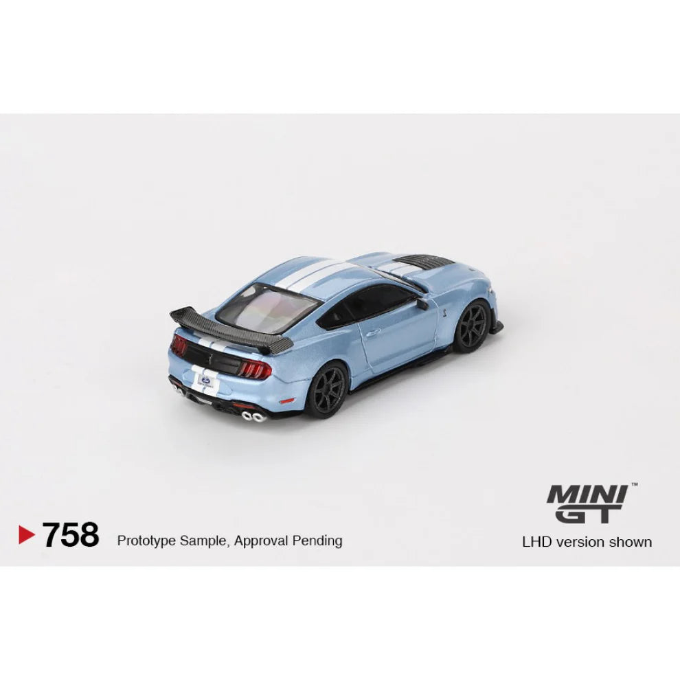 Mini GT 1:64 Diecast - Ford Mustang Shelby GT500 Heritage Edition (LHD), Metallic Blue - 758-L