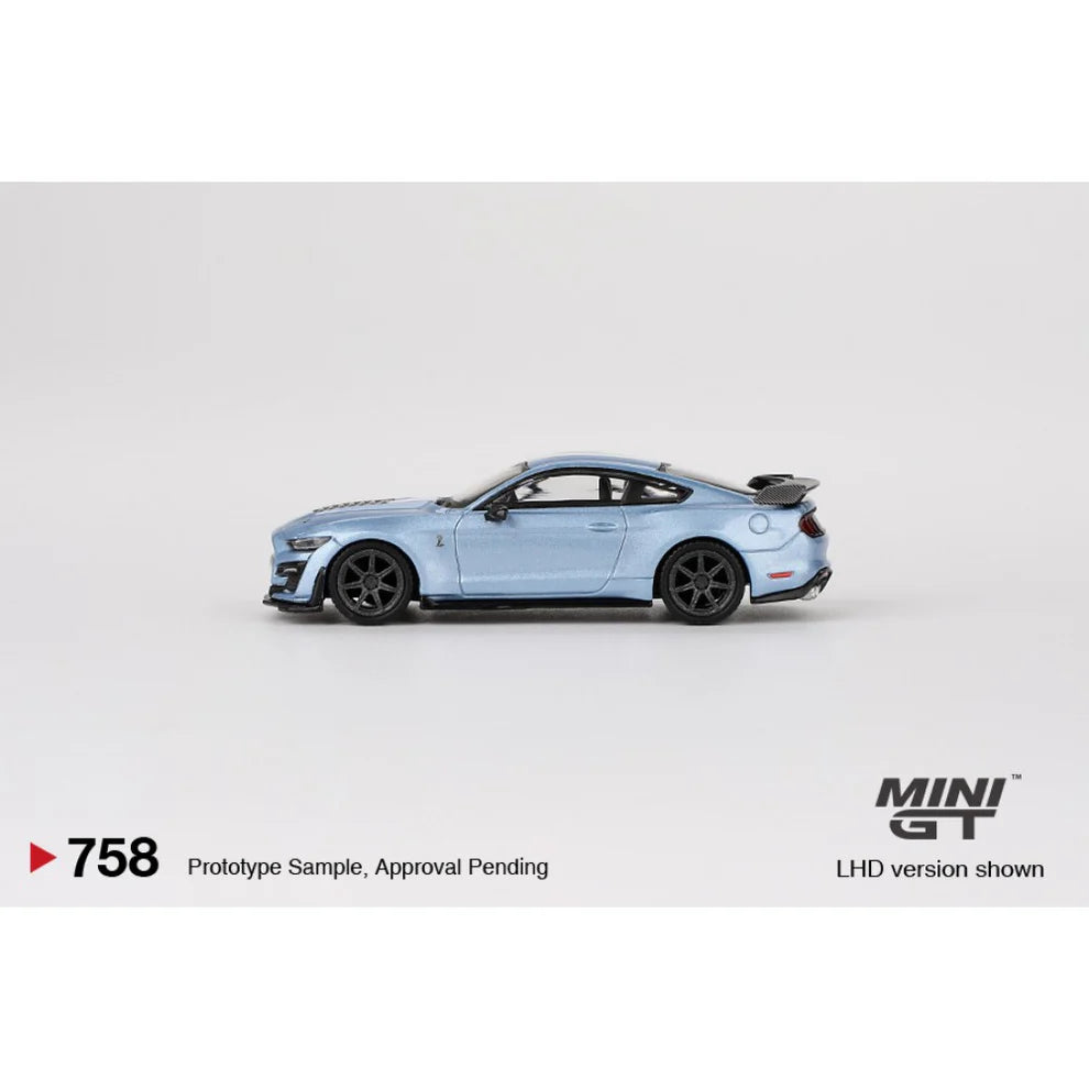 Mini GT 1:64 Diecast - Ford Mustang Shelby GT500 Heritage Edition (LHD), Metallic Blue - 758-L