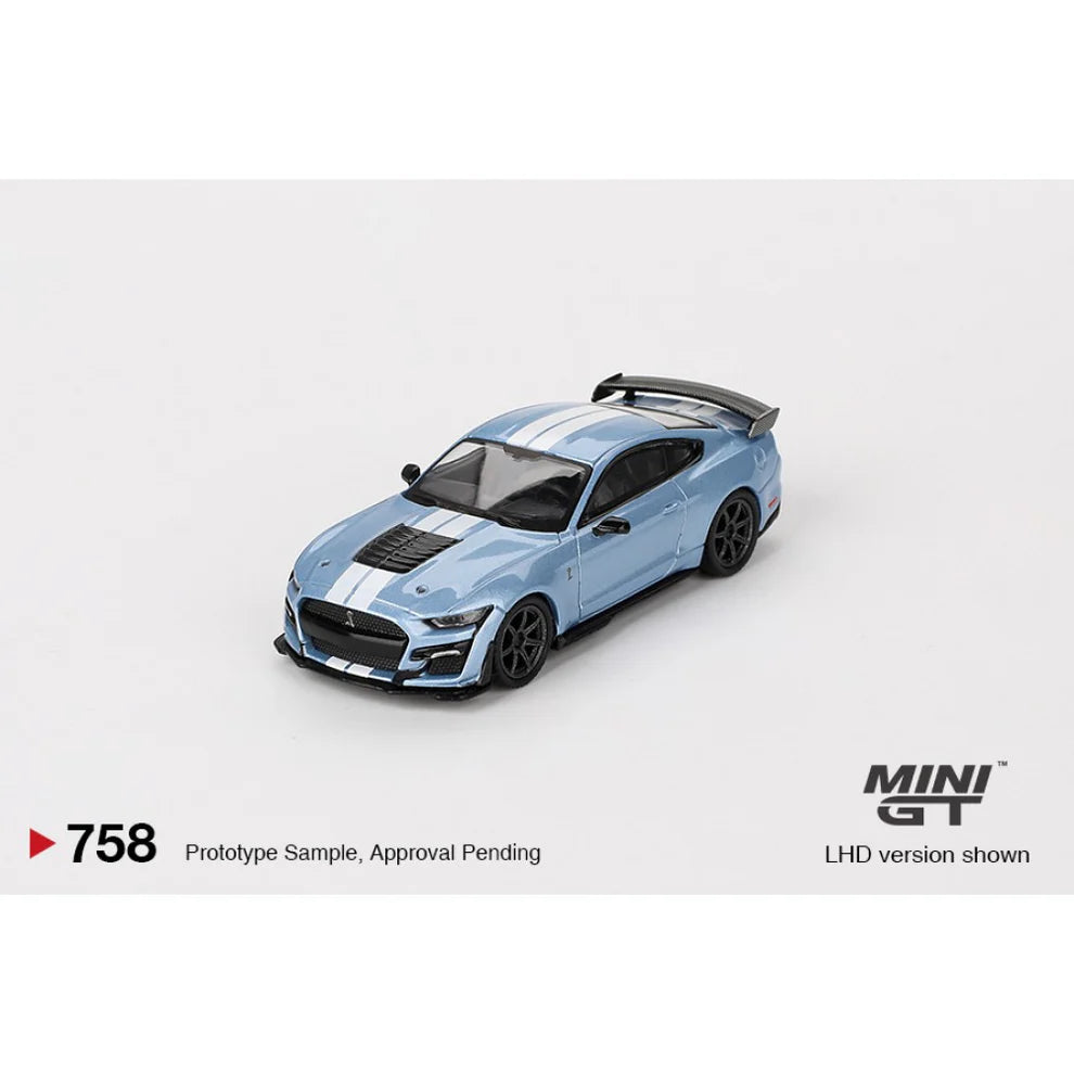 Mini GT 1:64 Diecast - Ford Mustang Shelby GT500 Heritage Edition (LHD), Metallic Blue - 758-L