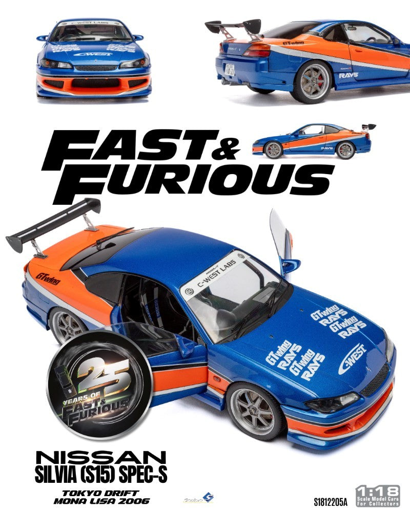 Solido Diecast - 1:18 HAN'S NISSAN SILVIA (S15) SPEC-S MONA LISA 1999 - FAST & FURIOUS III TOKYO DRIFT - BLUE/ORANGE - S1812205A