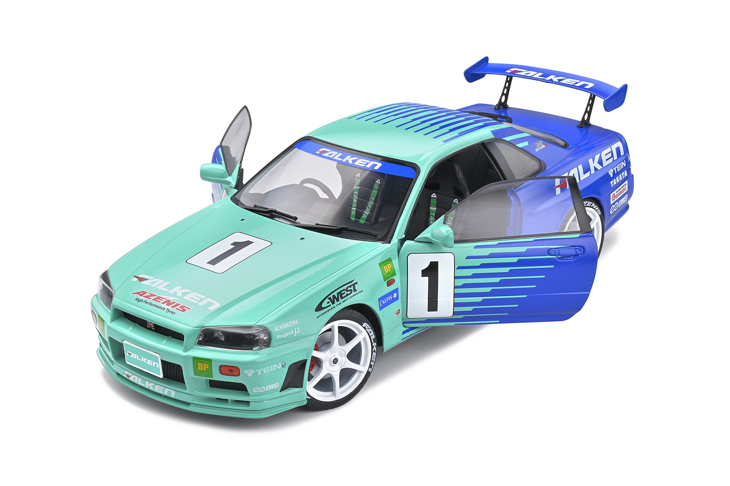 SOLIDO 1:18 Scale Diecast Model Car, Nissan Skyline GT-R (R34) JGTC Falken Drift - S1804304