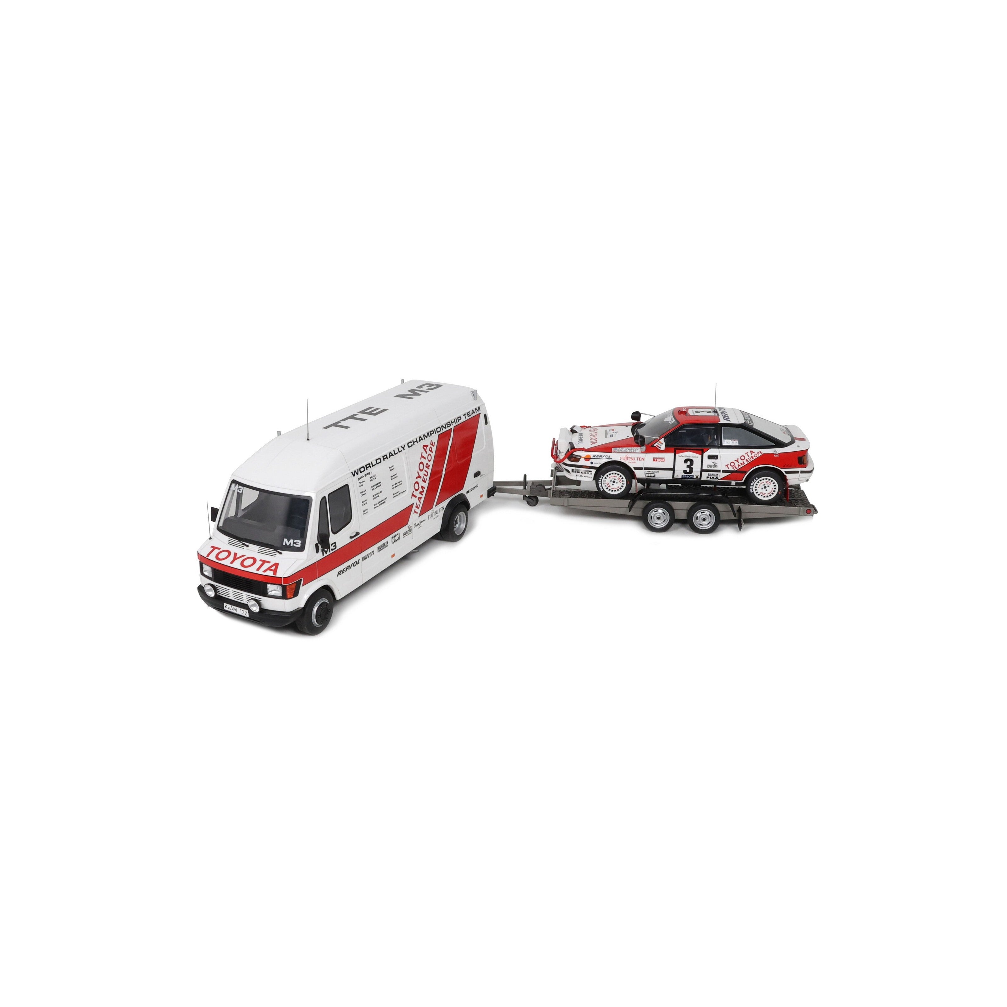 OTTO 1:18 Scale Resin - Rallye Pack Mercedes Benz T1, Trailer and Toyota Celica ST 165 Gr.A RAC Safari 1990 - Red/White - OT480
