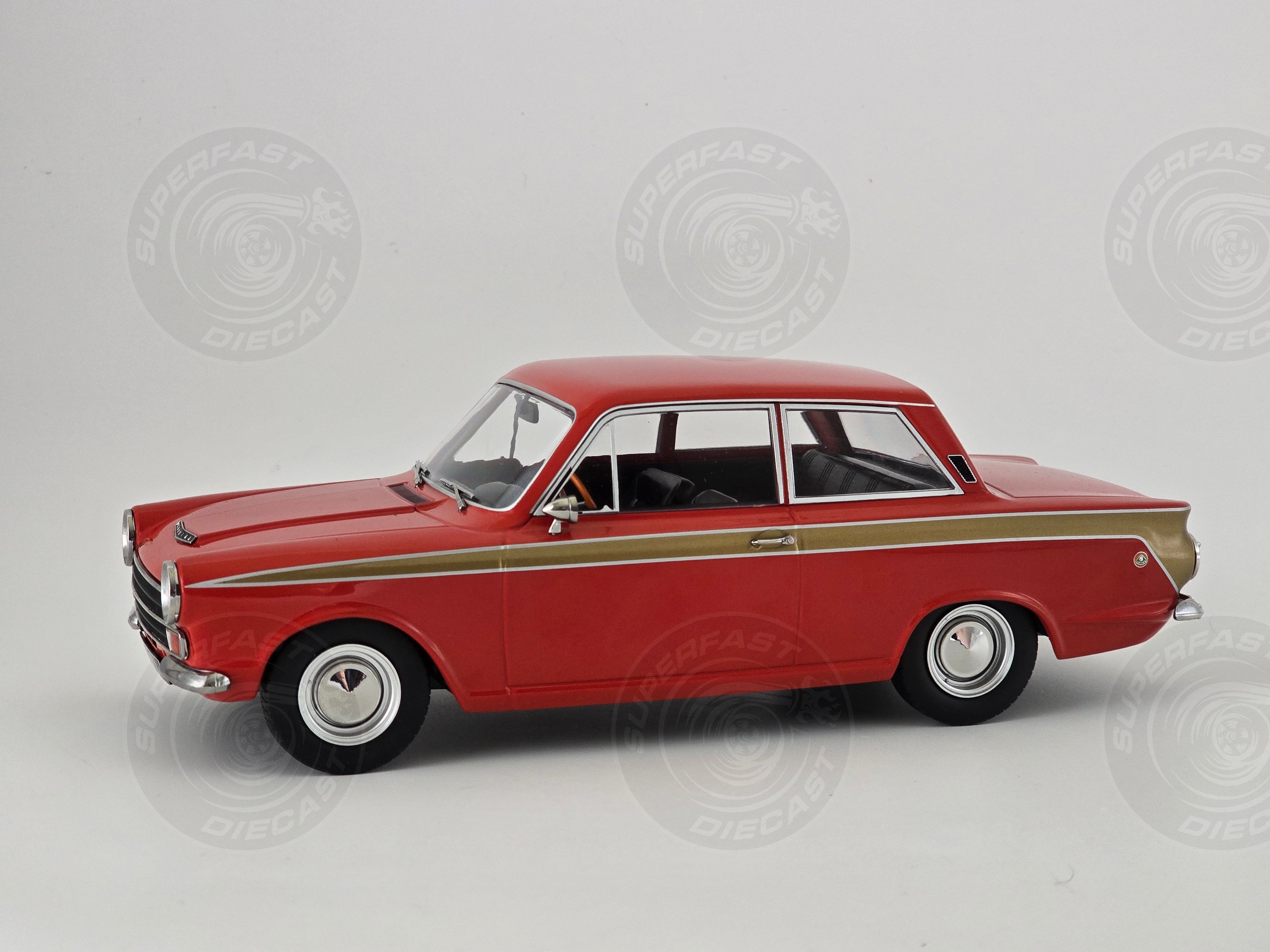 MCG 1:18 Scale Diecast - 1965 Ford Lotus Cortina Mk1 in Red/Gold (LHD) - MCG18532