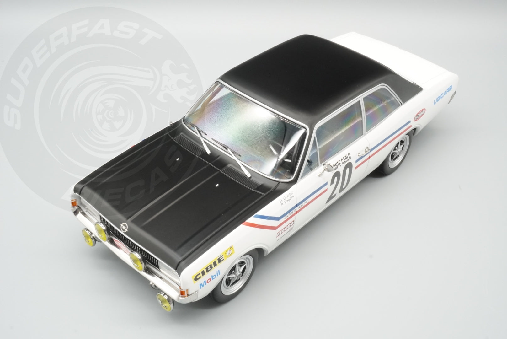 MCG 1:18 Scale Diecast - Opel Commodore Rally WM, Rally Monte Carlo, 1971, #20, H.Greder/P.Pagani, White/Black - MCG18561