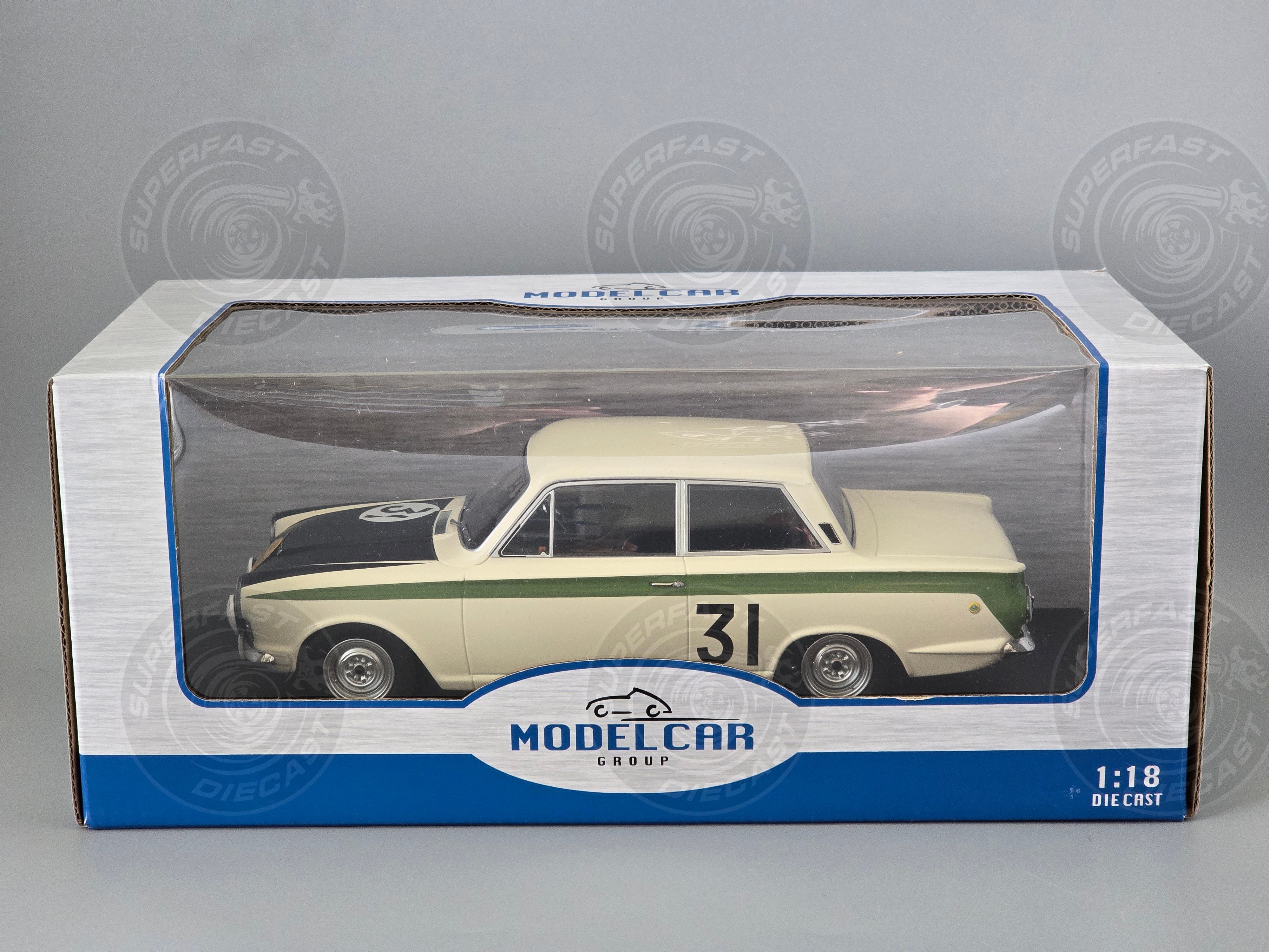 MCG 1:18 Scale Diecast - 1966 Ford Lotus Cortina Mk1 #31 Marathon de la Route J.Ickx/G.Staepelaere - MCG18436