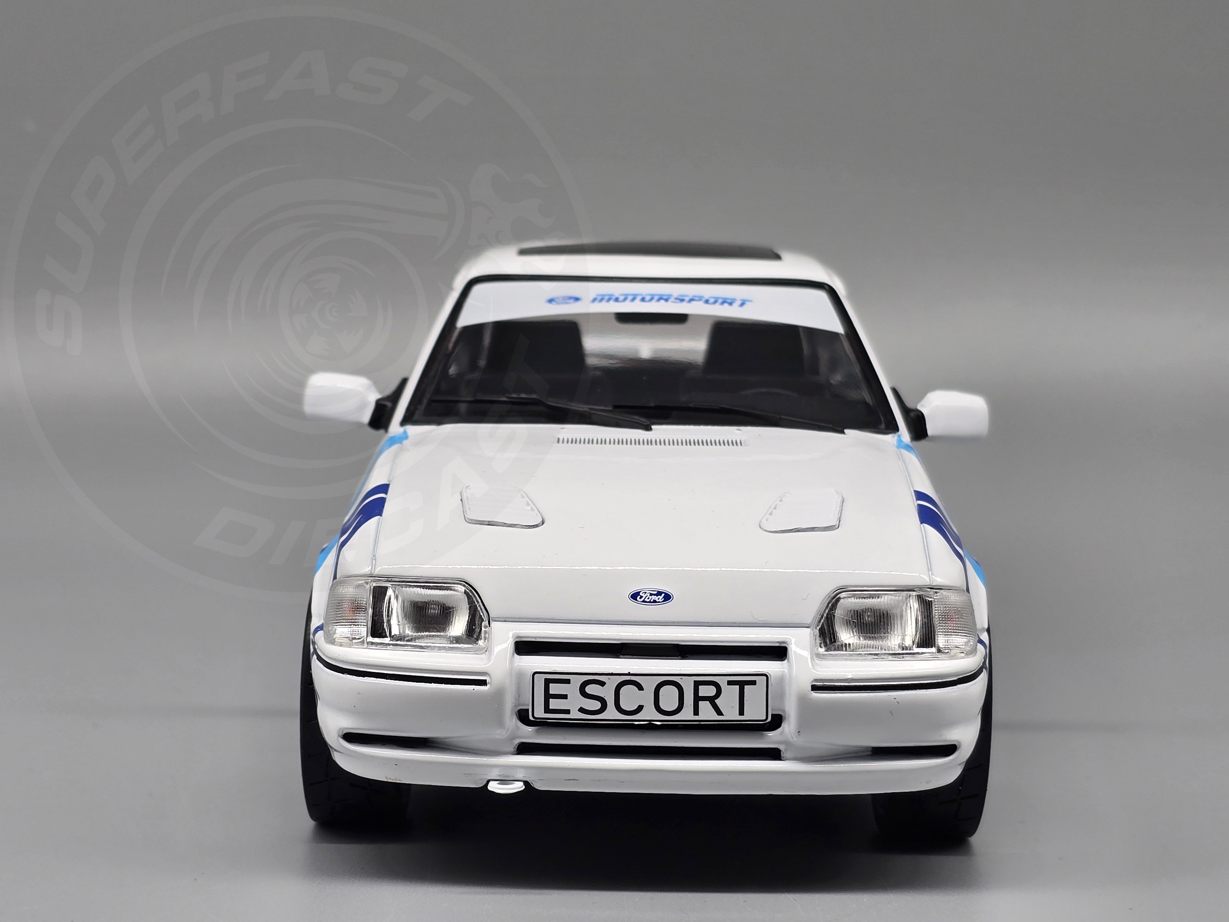 MCG 1:18 1990 Ford Escort Mk4 RS Turbo (Series 2) - White/Blue Tiger Stripes - MCG18547